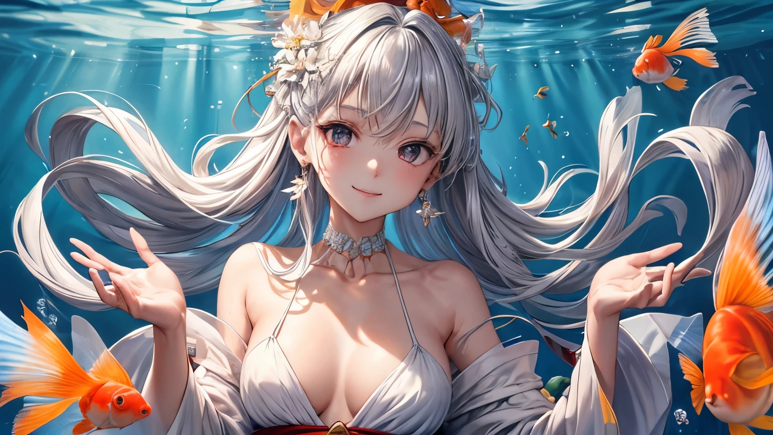 1 girl ,earrings,Goldfish ,precious stones ,sash,underwater ,Goldfish,White flower ,Akame,Behold ,get up, gray hair,clavicle,length、generally、Kamimei、looking at the viewer、white dress、Red Heavenly Woman's Robe、cleavage、close up of smiling face、beautiful eyes