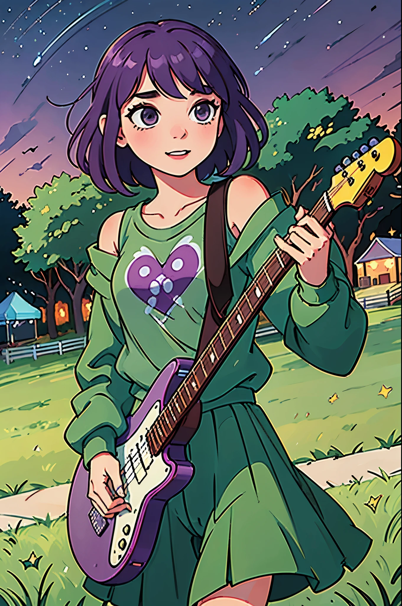 park scene,night,There are stars,cartoon style,music festival,green grass,a girl,hair,purple clothes,holding guitar,happy