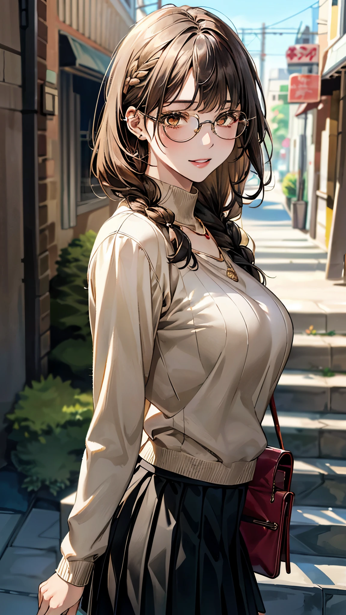 anime「Attack on Titan」Than, wearing glasses, shoulder length hair, brown hair, bun hair, beautiful, beautiful woman, perfect body, perfect breasts, wearing a brown dress, Gorgeous, beautiful, expensive, very beautiful, carrying a bag, wearing a watch, wearing earrings, walking the red carpet, red carpet, looking at the viewer, slight smile, realism, masterpiece, rough skin, Super detailed, high detail, high quality, 最high quality, 1080p, 16k