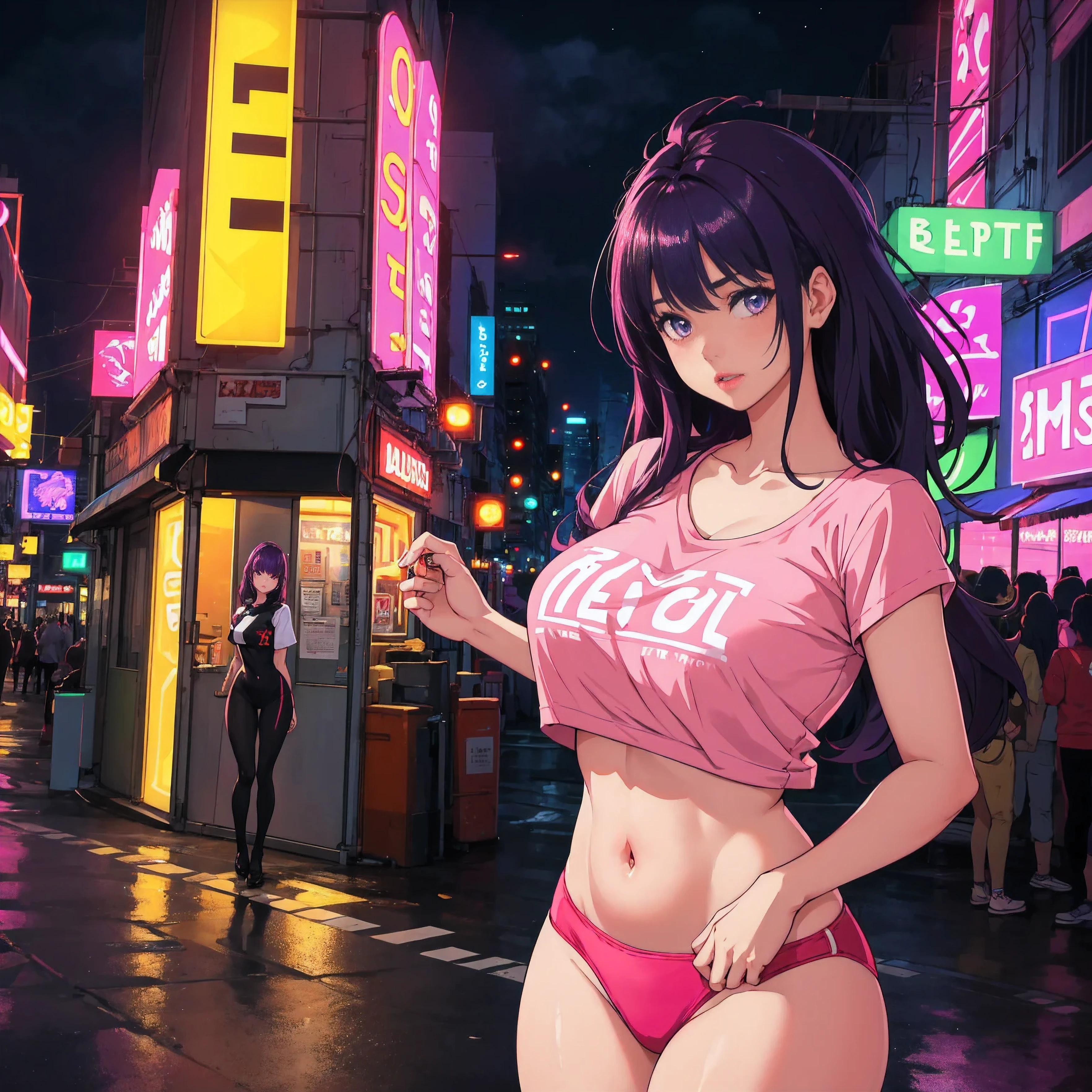 1 girl, ((Beautiful, Beautiful)), Perfect body, rosy cheeks, long and thick hair, purple hair,
t-shirt, lower chest visible, bright lips,((detailed eyes)),
posing in front of neon buildings, ((pink neon sign, neon building background)),
((Realistic)), soft light, night, 8K, (main part, Best quality:1.5), Super detail, depth of field, I&#39;m looking at the viewer, dramatic, (((hips)))