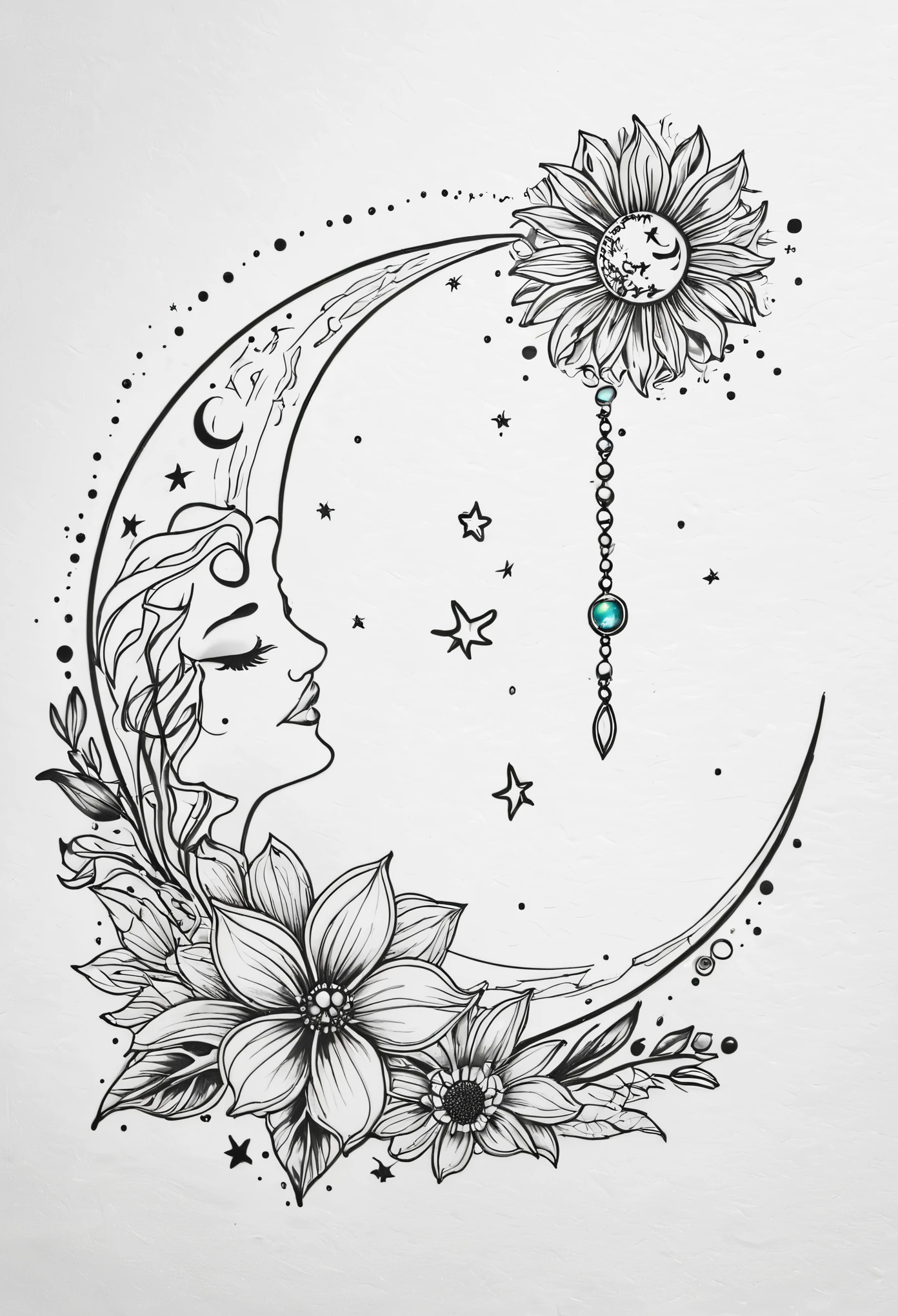Dessin de tatouage pour deux meilleures amies. L'un avec une lune et l'autre un soleil. Add flowers and jewelry and a reference to the Pisces astrological sign. Style one line ou dot 