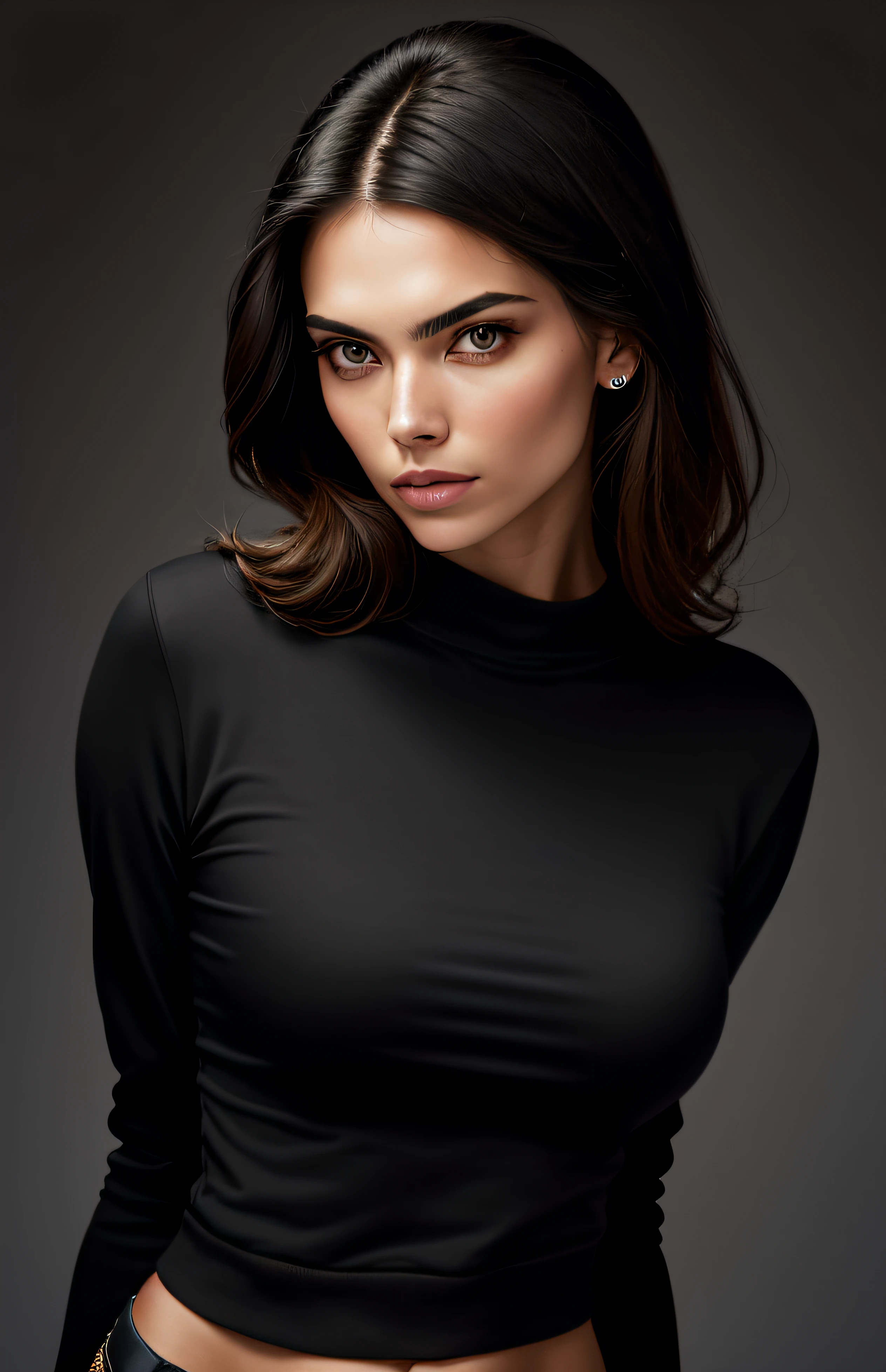 high angle photo of a gorgeous young woman in the style of stefan kostic,abs, realistic skin texture, looks up,black sweatshirt, 1 / 2 body crop, 8 5 mm art lens, f 1. 2, sharp focus, 8 k high definition, insanely detailed, intricate, elegant, art by stanley lau and artgerm