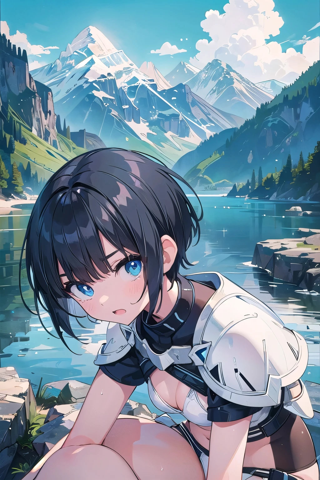 (masterpiece:1.2), (highest quality:1.2), Upper body, perfect eyes, perfect face, perfect lighting, mountainous horizon, 1 girl, 1 boy, black hair, blue eyes, ((very short back hair)), dull bangs, cute eyes, Medium chest , ((front)),((from below)), open your mouth, vivid description,orgasm, i was scared, crying face, teeth, anger, From the side, sitting, (((white bikini armor))), (((contempt))), ((((bright))))