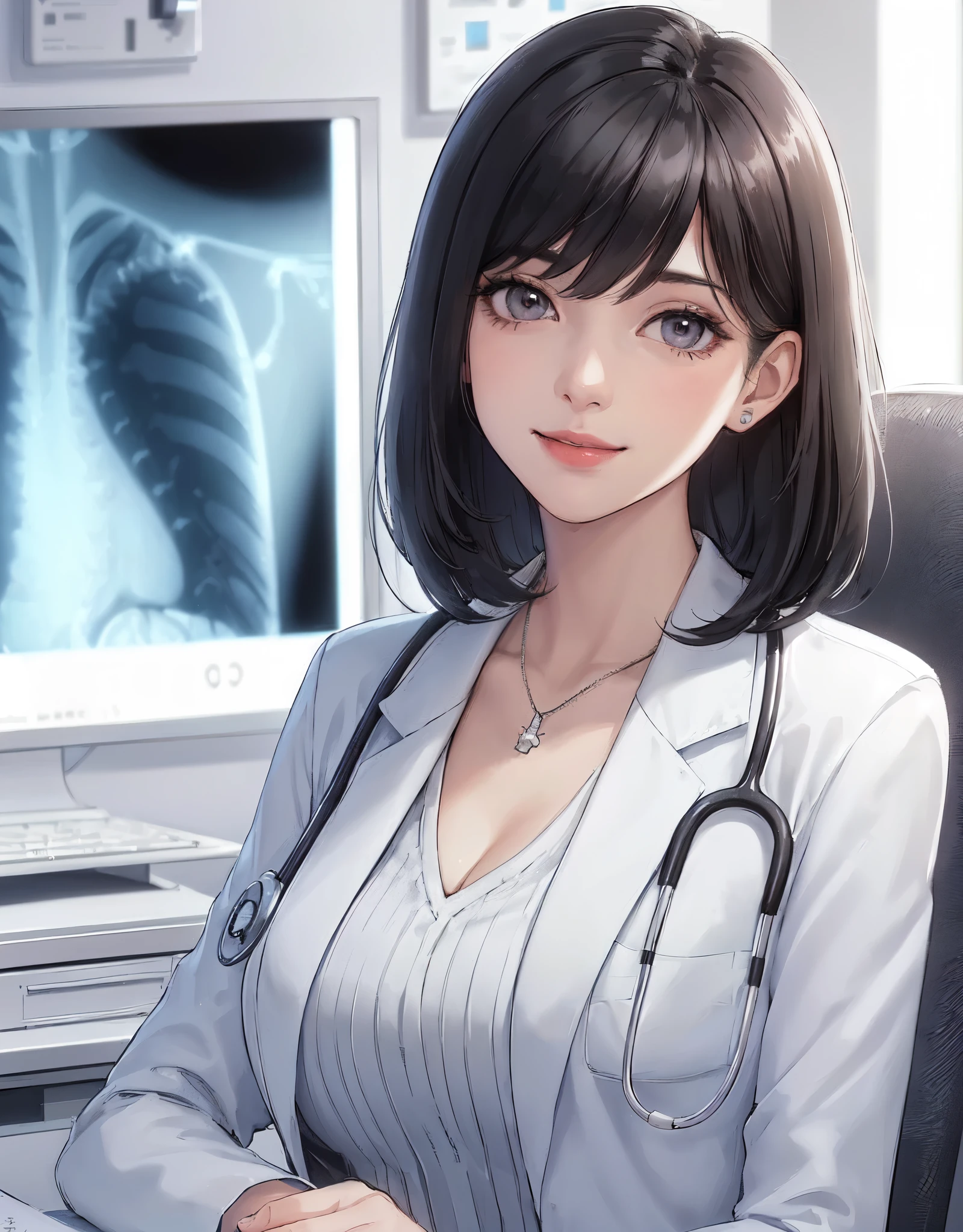 1lady solo, sitting, (looking at viewers), (white lab coat) stylish outfit, mature female, /(black hair/) bangs, kind smile, (masterpiece best quality:1.2) delicate illustration ultra-detailed, large breasts, /(stethoscope around neck/) BREAK (hospital examination room) indoors, work desk, (x-ray photo), detailed background