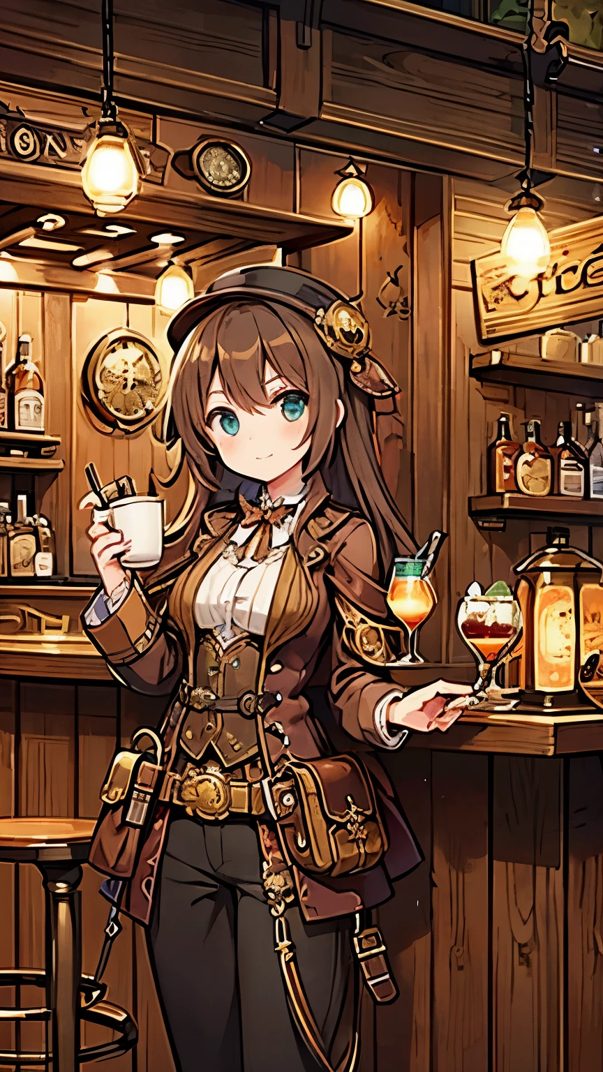 steampunkai。highest quality。masterpiece。detailed details。one woman。Traveler in steampunk style。drink coffee at a stall。The background is a wooden labyrinth in a steampunk style.。