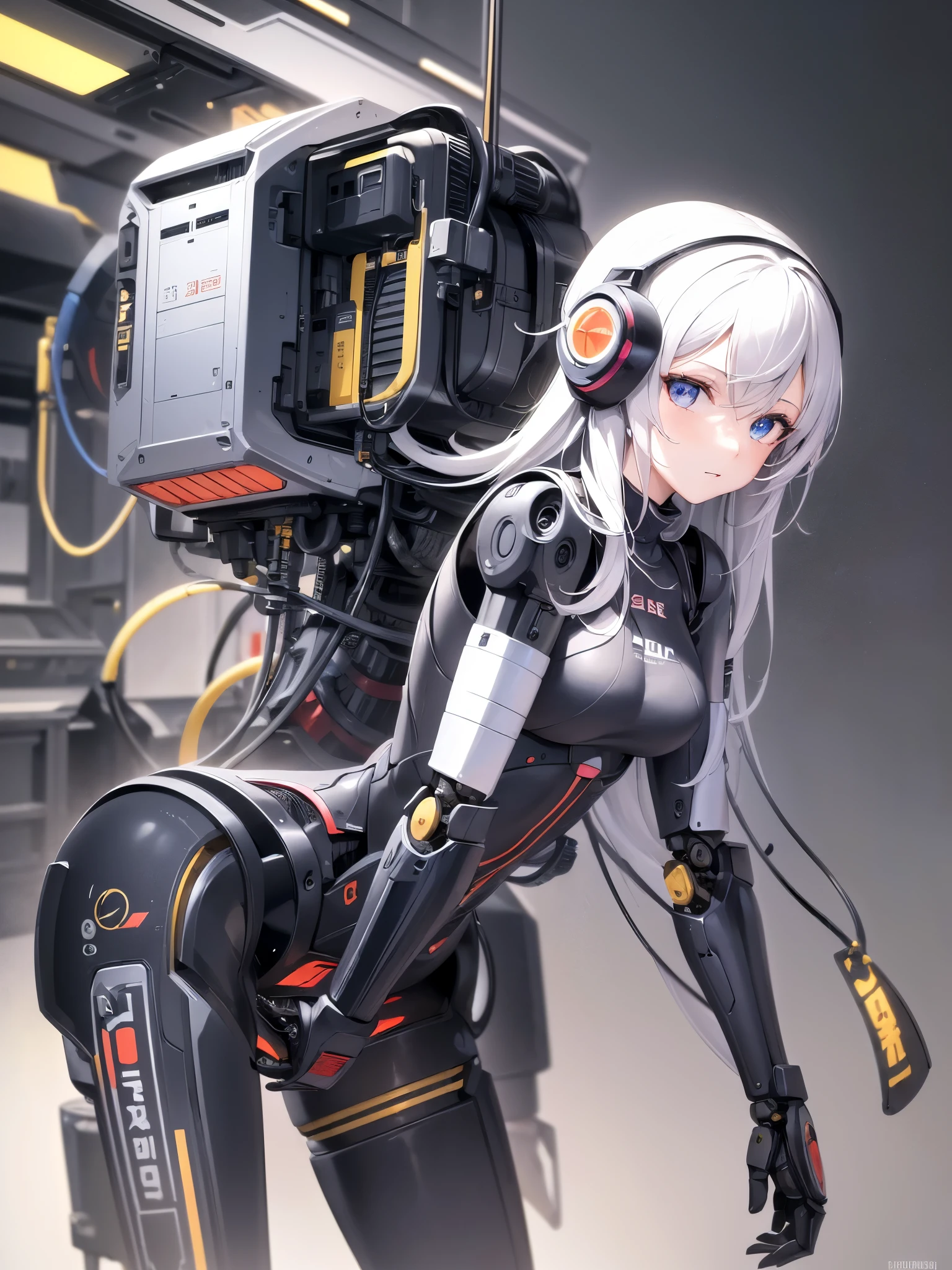 ((highest quality)),(ultra high resolution),(Super detailed),(detailed description),((best CG)),(best work of art),super precision art,amazing drawing art,(Sci-fi art with precise details:1.5), (female robot:1.6),(sharp mechanical face:1.5),,(Precise and detailed mechanical body:1.6,),clear parts:1.8,cylinder,cable connected to backpack