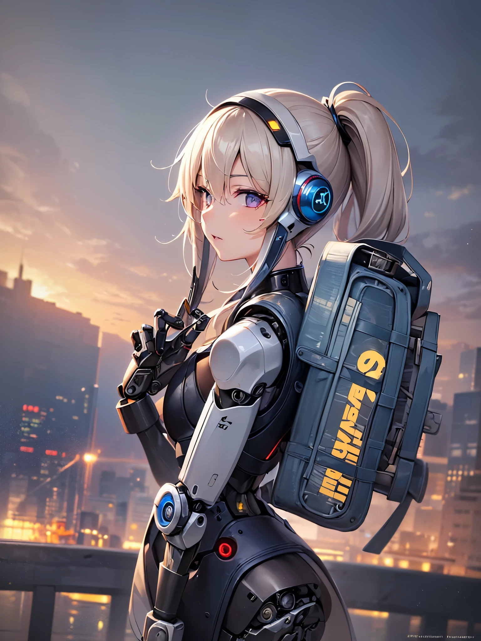 ((highest quality)),(ultra high resolution),(Super detailed),(detailed description),((best CG)),(best work of art),super precision art,amazing drawing art,(Sci-fi art with precise details:1.5), (female robot:1.6),(sharp mechanical face:1.5),,(Precise and detailed mechanical body:1.6,),clear parts:1.8,cylinder,cable connected to backpack