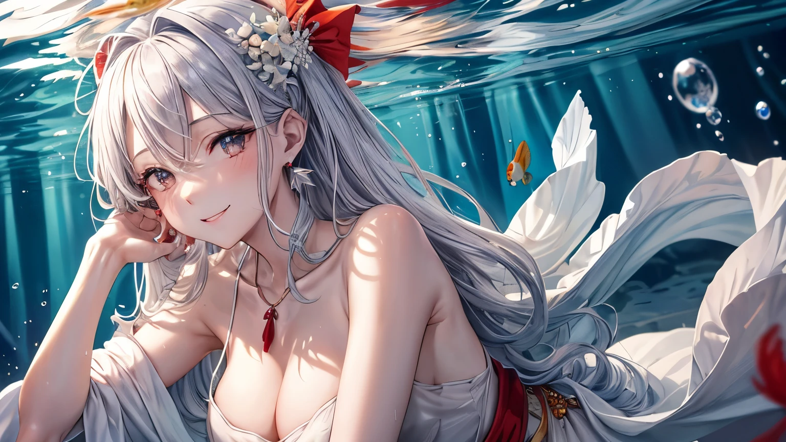 1 girl ,earrings,Goldfish ,precious stones ,sash,underwater ,Goldfish,White flower ,Akame,Behold ,get up, gray hair,clavicle,length、generally、Kamimei、looking at the viewer、white dress、Red Heavenly Woman's Robe、cleavage、close up of smiling face、beautiful eyes