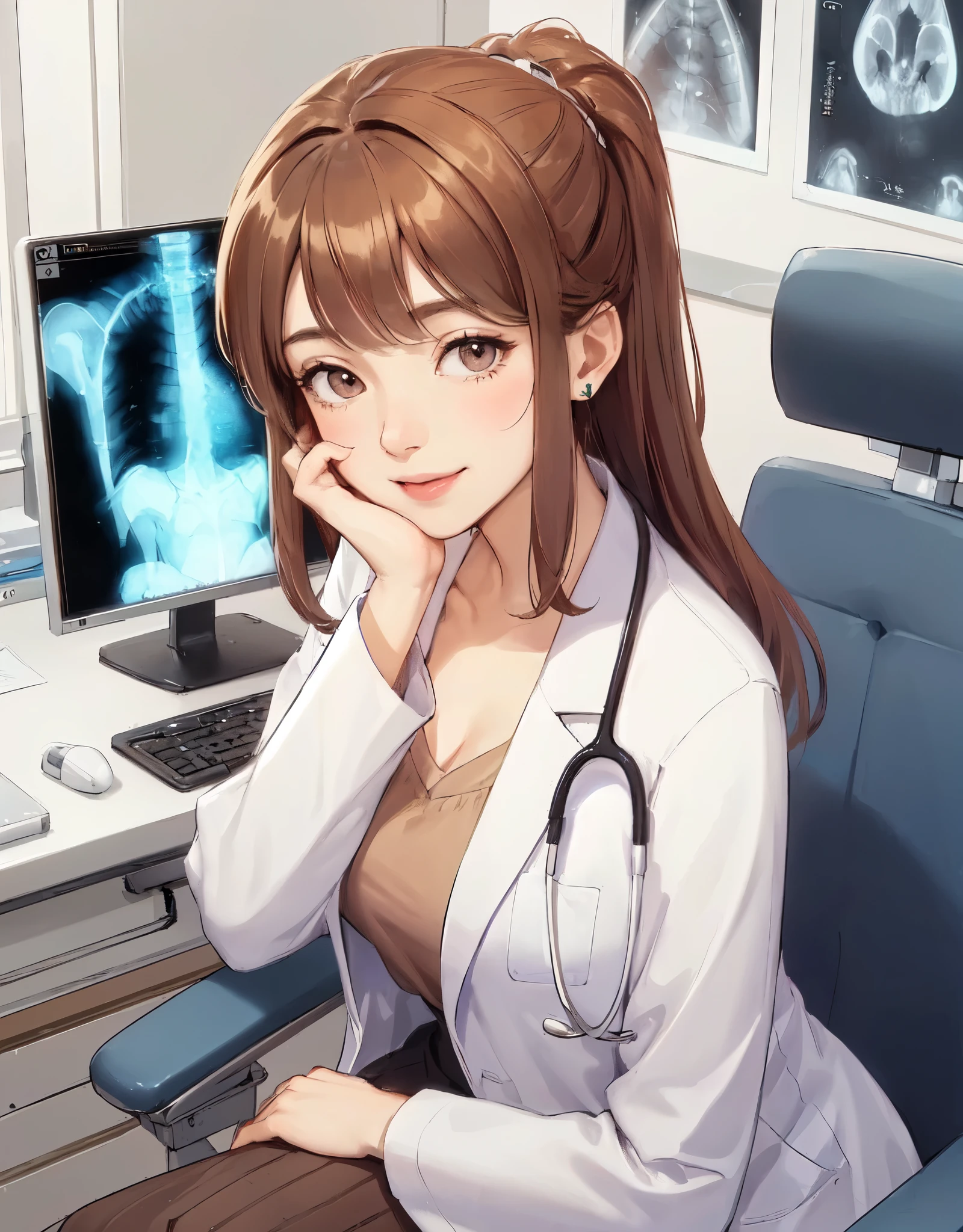 1lady solo, sitting, (from above), (looking up at viewers), (white lab coat) stylish outfit, mature female, /(brown hair/) bangs, kind smile, (masterpiece best quality:1.2) delicate illustration ultra-detailed, large breasts, /(stethoscope around neck/) BREAK (hospital examination room) indoors, work desk, (x-ray photo), detailed background