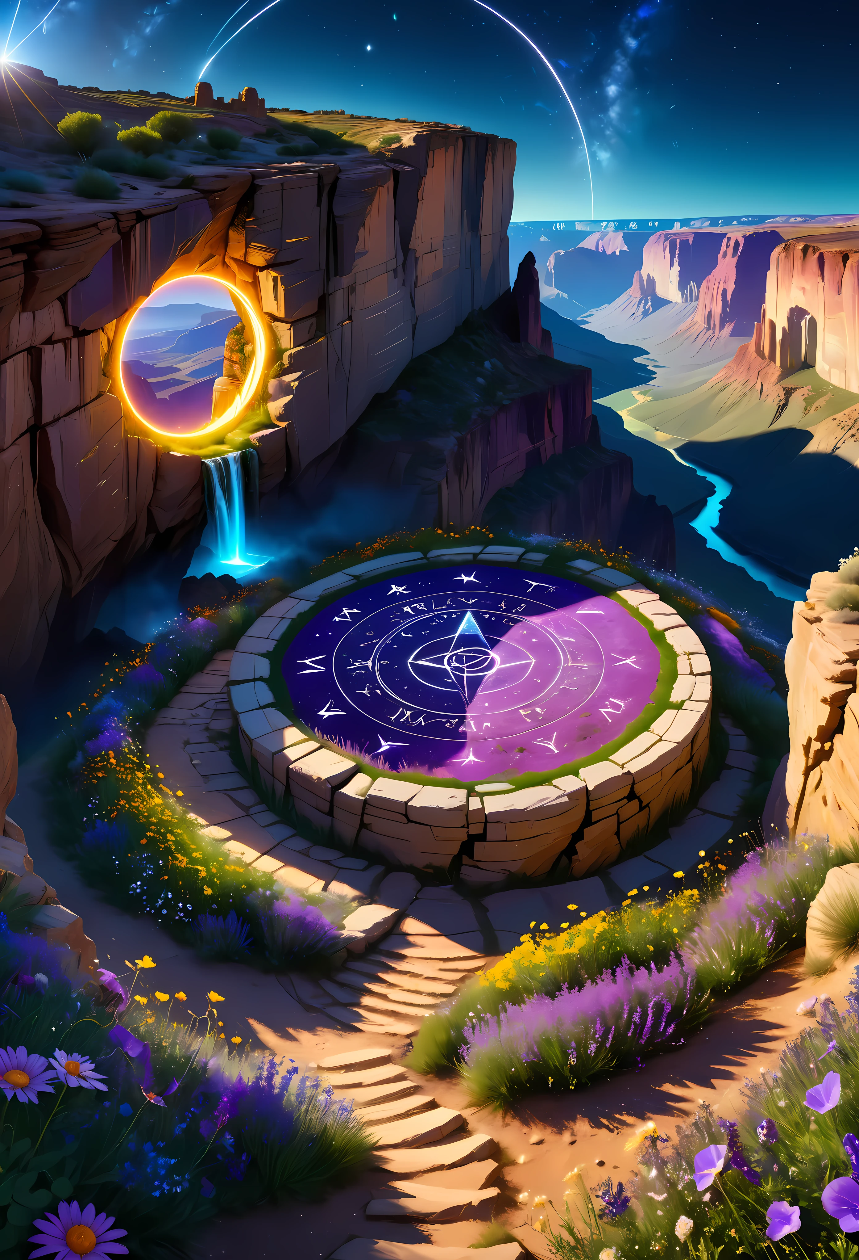 Towering steep and towering high magic circle in a cliff garden, wild flowers, asymmetric magic circle cliff canyon, ((magical inscription):1.2), (glowing runes), (glowing sigil), Coexistence with the natural environment, magic circle canyon night, clear night sky, meteors across, moonlight, extremely detailed, best quality, masterpiece, high resolution, Hyperrealistic, 8K, top-view,  high angle view, Violet Color Palette, Minimalism.