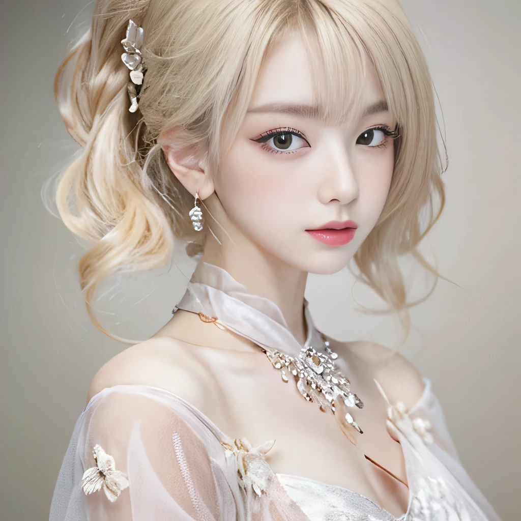 (8k)、(best image quality:1.5)、gray background、close up of face、1girl、masterpiece、delicate and sharp eyes、brown eyes、eye power、delicate face、cup、fascinating face、platinum blonde hair、Semi-long wave、cute clothes、White cheongsam dress that shows the collarbone、gal、Emphasis on the clavicle、earrings、necklace、