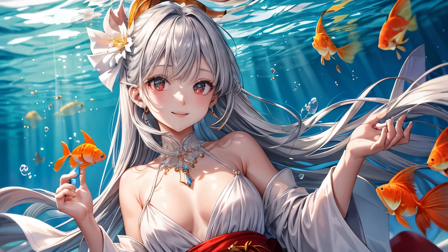1 girl ,earrings,Goldfish ,precious stones ,sash,underwater ,Goldfish,White flower ,Akame,Behold ,get up, gray hair,clavicle,length、generally、Kamimei、looking at the viewer、white dress、Red Heavenly Woman's Robe、cleavage、close up of smiling face、beautiful eyes