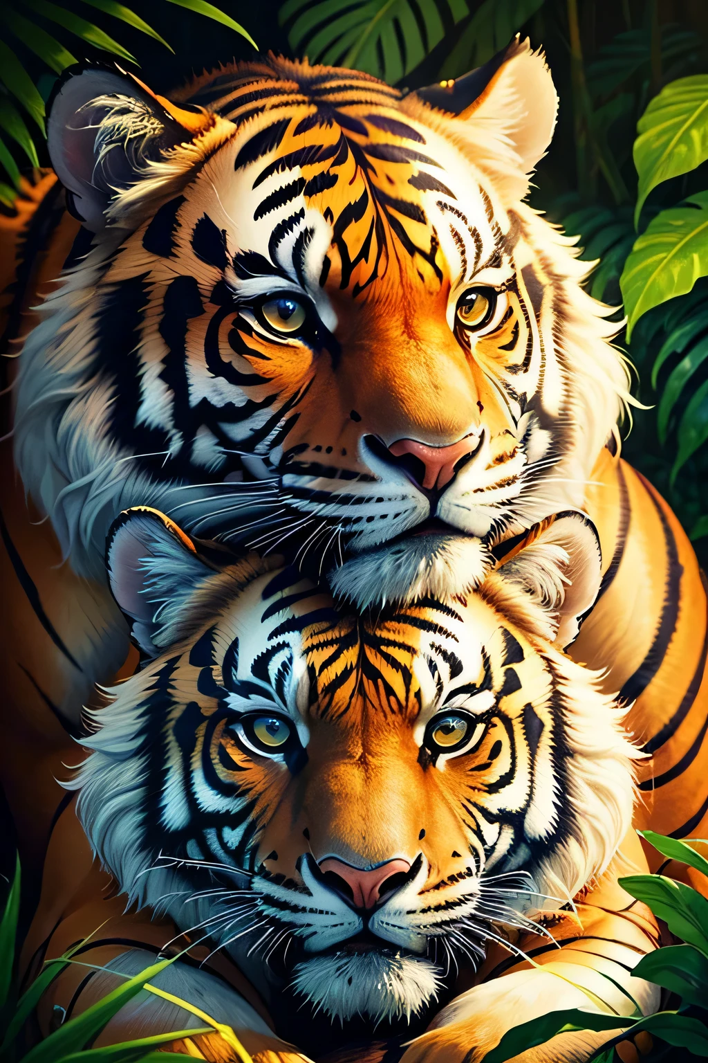 in the jungle､A pair of relaxing tigers､masterpiece, 最high quality, high quality, High resolution､((close up of face))