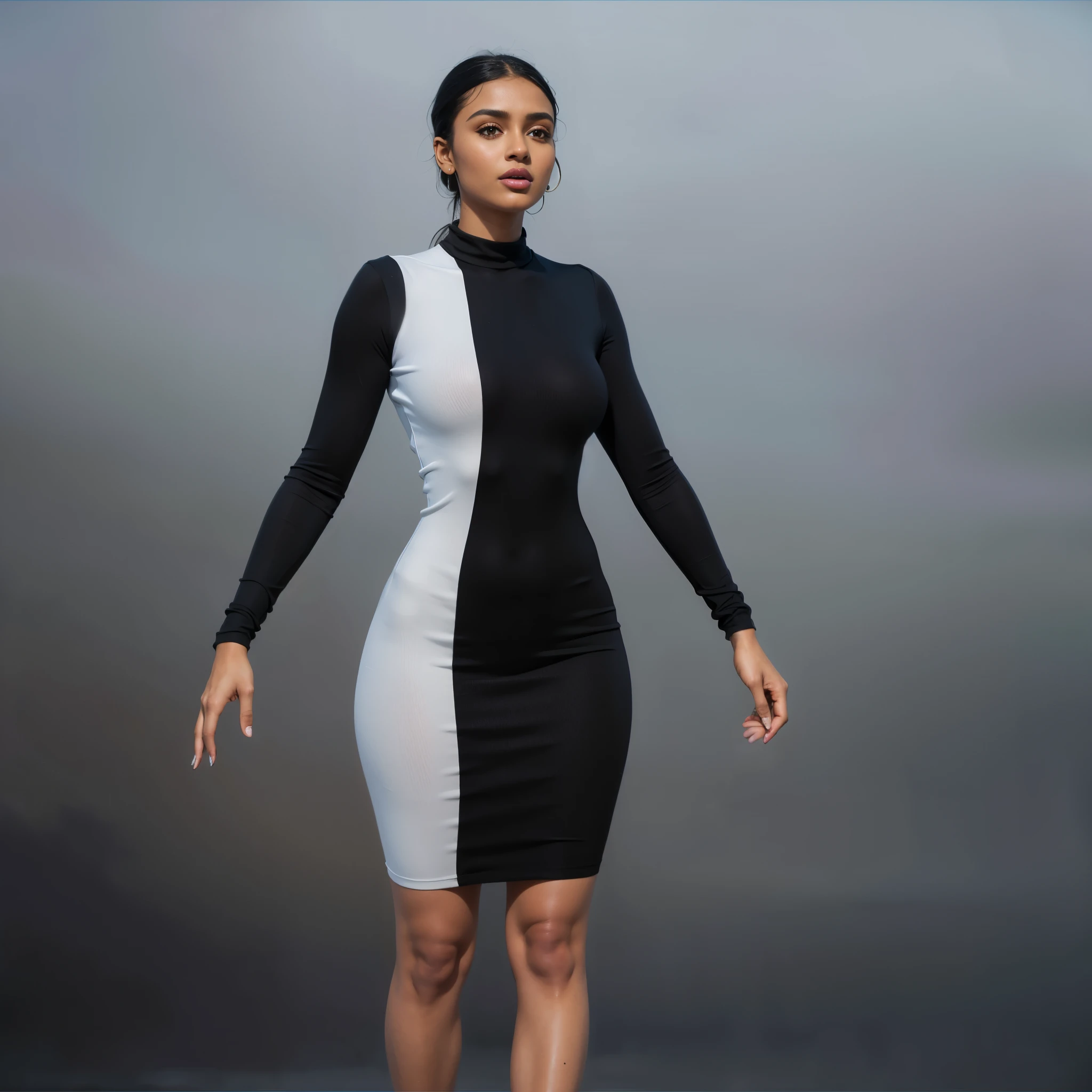 ((Beautiful brown girl, (KIKI Layne), Kylie Jenner, Maitreyi Ramakrishnan, Jessica Alba, 18 years)), ((big round breasts)), big hips, beautiful soft thighs, beautiful legs, wearing black and white cotton-Lycra tight turtleneck long-sleeved dress, Vibrant, vivid, shadows, lumen, HDR, 8k, ((detailed: 1.4)), ((hyper realistic)), Extremely Realistic, Realism, Portrait, Raw photo, Photography, Photorealism, Photoshoot, Instagram vibes,