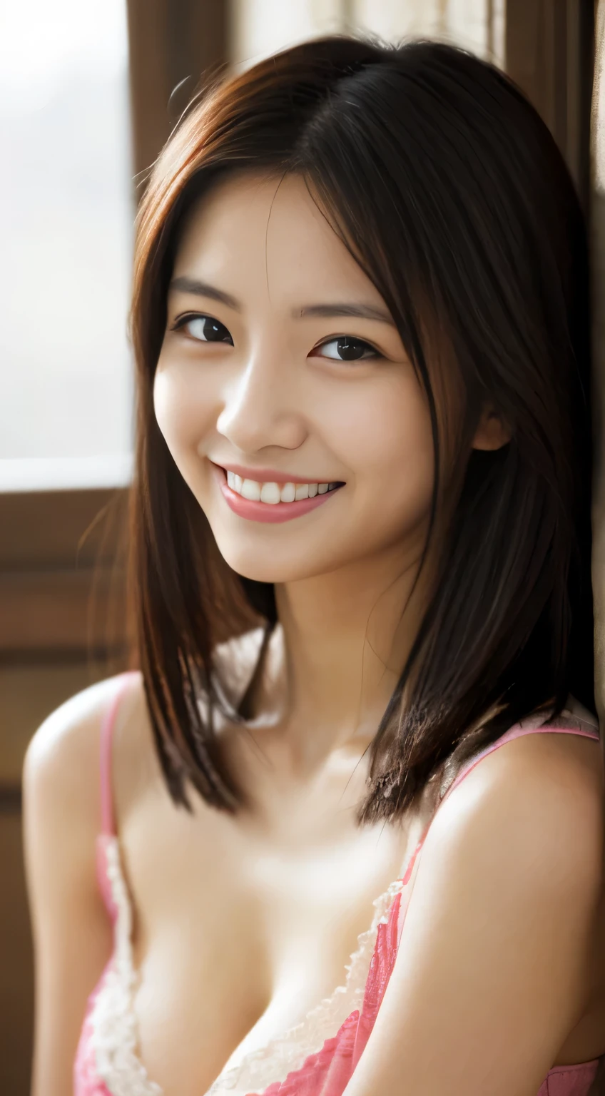 masterpiece,best quality,(Japanese ),((Beautiful girl)),cleavage,indoor,(perfect body beauty:1.2),(shy smile),beautiful teeth,