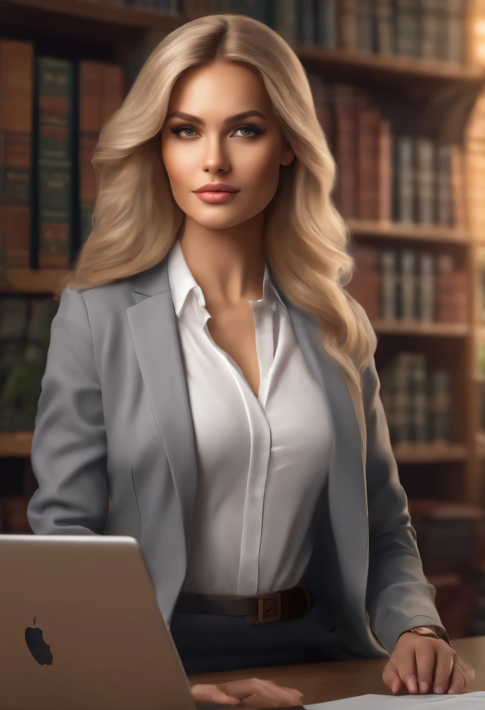 redraw the photo of the Arafed woman, replace a woman’s clothes with business clothes – a gray jacket and a white shirt, replace the background with in the office at the table there is an open MacBook in front of her, in the background there is a bookcase with business literature, very accurate photo, against the backdrop of sunset in the forest. blonde with loose hair. beautiful natural makeup, the photo is suitable for an avatar on a social network to attract customers, evokes positive emotions, trust