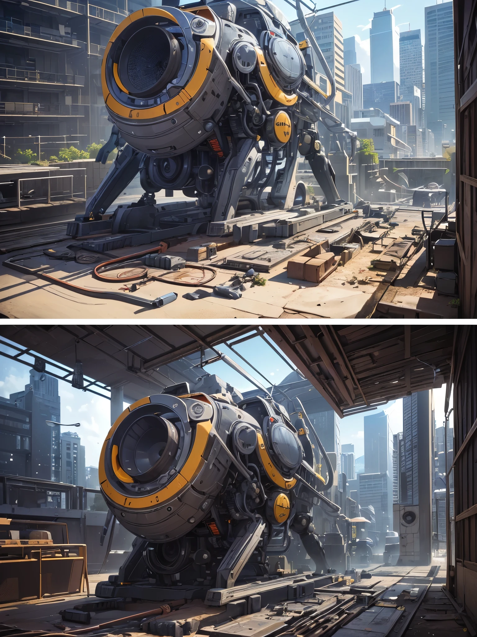 ((highest quality)),(ultra high resolution),(Super detailed),(detailed description),((best CG)),(best work of art),super precision art,amazing drawing art,(Sci-fi art with precise details:1.5), (female robot:1.6),(sharp mechanical face:1.5),,(Precise and detailed mechanical body:1.6,),clear parts:1.8,cylinder,cable connected to backpack, Fighting aliens in a devastated land