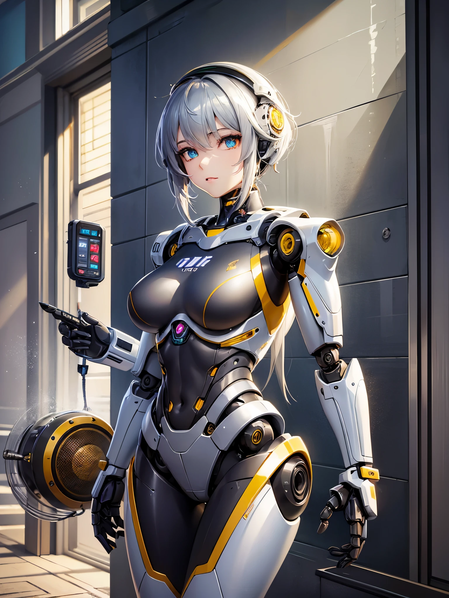 ((highest quality)),(ultra high resolution),(Super detailed),(detailed description),((best CG)),(best work of art),super precision art,amazing drawing art,(Sci-fi art with precise details:1.5), (female robot:1.6),(sharp mechanical face:1.5),,(Precise and detailed mechanical body:1.6,),clear parts:1.8,cylinder,cable connected to backpack, Fighting aliens in a devastated land
