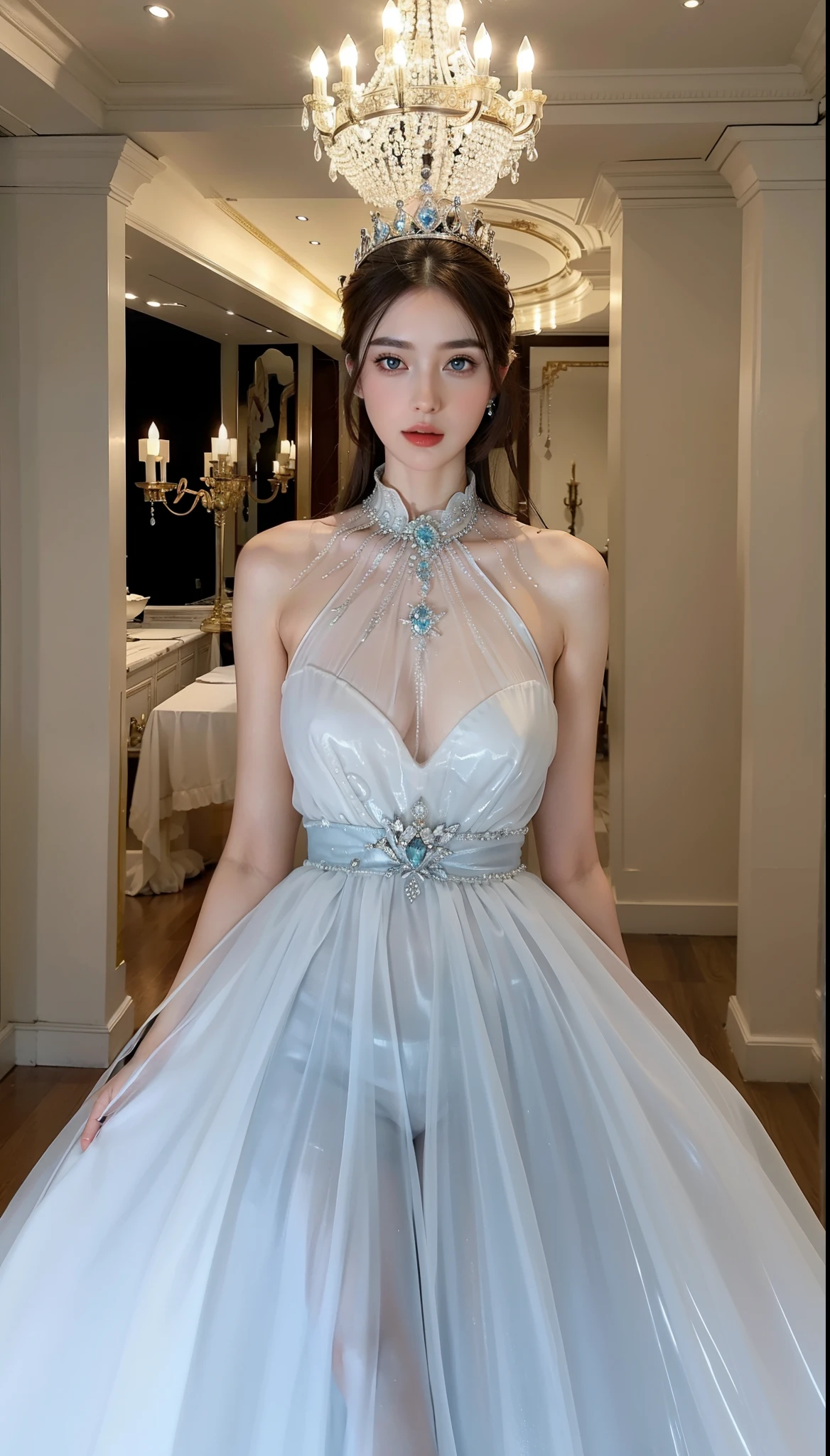 Royal sister，exquisite eyes，ice queen，put the crown on your head，Detailed facial expressions body，tall figure，Gorgeous，Leg length，4k，HD，Sensual，translucent lace，白皙plump figure，pretty face，Little cherry mouth，beautiful and delicious（3D royal sister），plump figure，gloss gel coat，Queen in luxurious dress，Crystal Gem Crown，white dress skirt，Put your hands behind you，极致Gorgeous钻石宝石项链