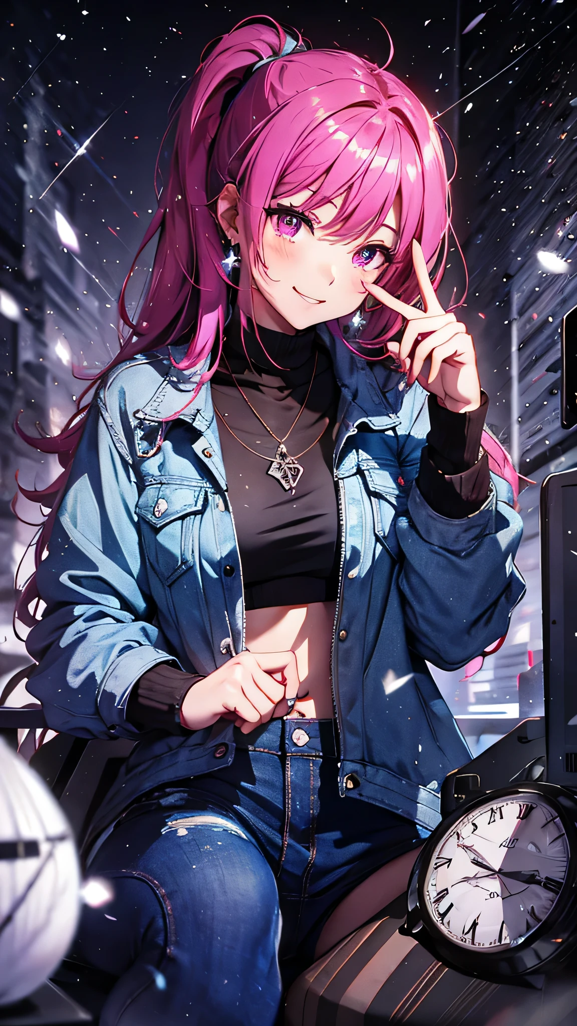 最high quality、best image quality、masterpiece、girl((20-year-old、 By becoming、vest bust、medium bust,wide open breast tea、shining eyes, neon hair、long hair、thin,highest valley、ponytail、Damaged Denim Shorts、black navel shirt、Damaged Denim Jacket、smile、full body tattoo,diamond earrings、Wristband、necklace,peace sign、sit on a chair、typing)),high quality、beautiful art、background((Hacker Room、server room、neon lighting、computer stand、Laptop))、Flight、debris flies、Depth of written boundary、movie、visual art、perfect art、8k,genuine、