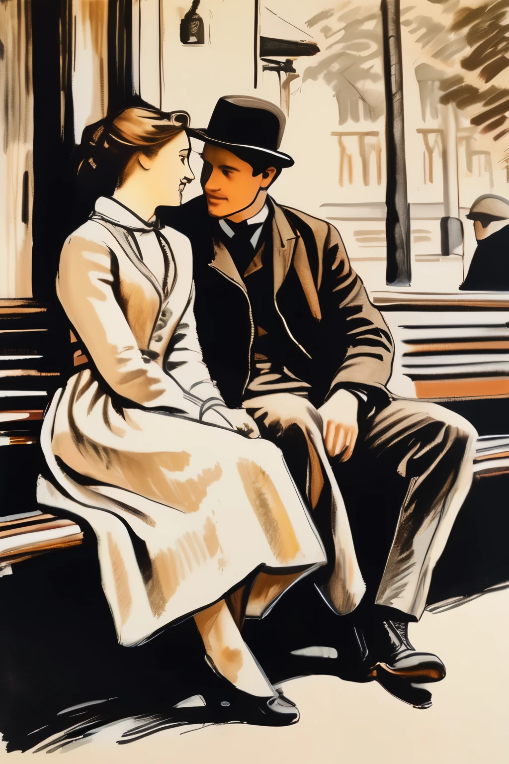 A hand drawn Victorian era portrait of a young woman in her late 20s and a young man in his late 20s sitting together on a bench and having a good time together, post impressionist style, minimalist brush work, prosaic style, beautifully shaded, black ink on manilla paper,