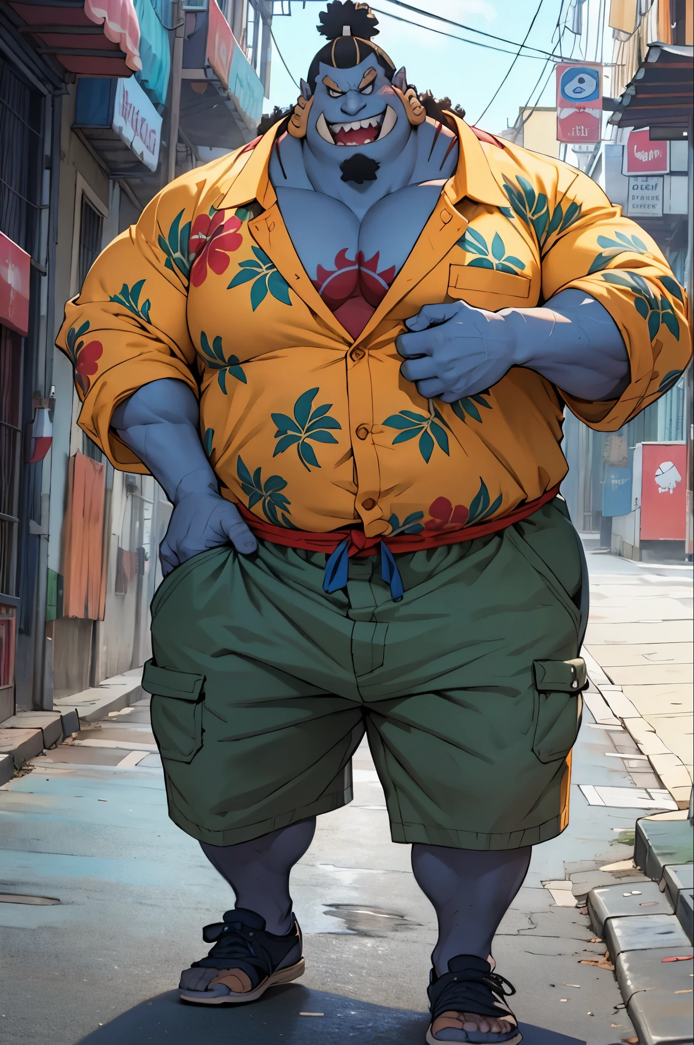 chubby man (jinbei) in street, blue skin, smile,  muscular, pectoral, wide pectoral, beach, palm, realistic, 8k, masterpiece, (wearing shorts and Hawaiian shirt, shoes)