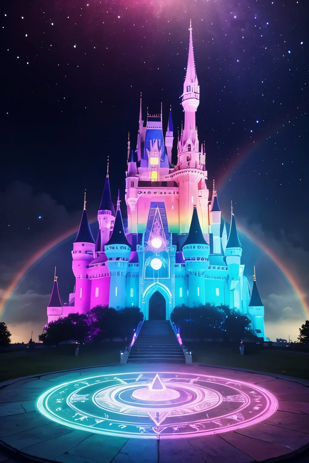 best quality, blue-white magic spells, colorful magic circle shining in hot pink and iridescent rainbow colors makes the castle float in the air