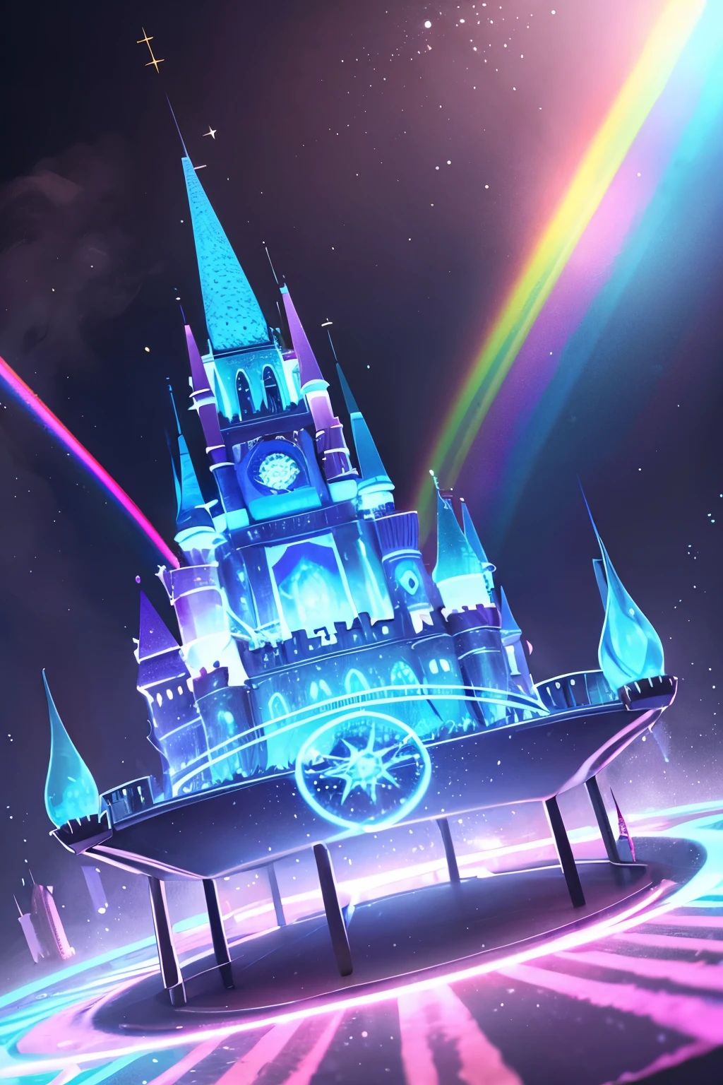 best quality, blue-white magic spells, colorful magic circle shining in hot pink and iridescent rainbow colors makes the castle float in the air