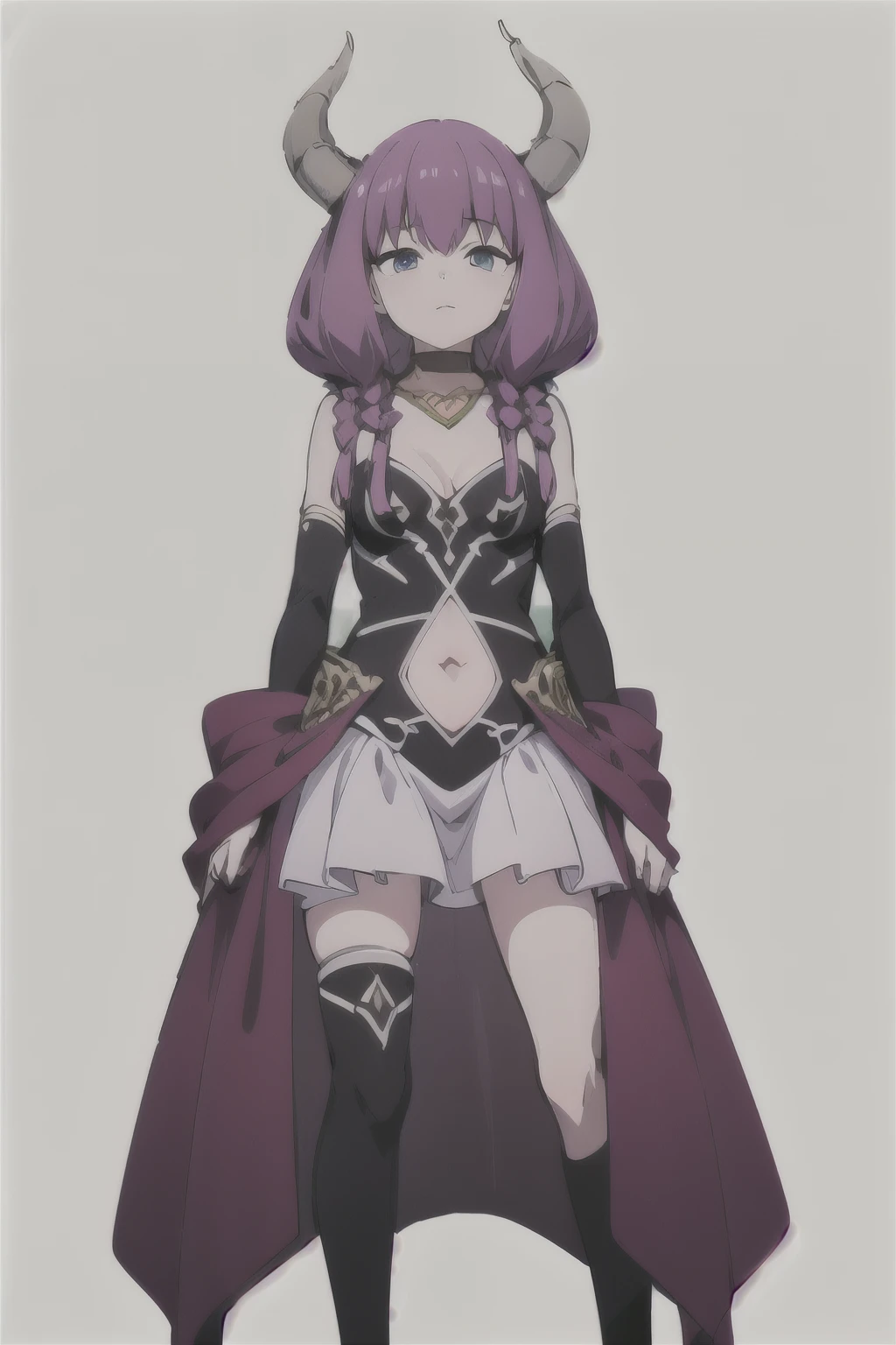 very delicate and beautiful girl,8k wallpaper,masterpiece,danntoudainoaura,white background,1 girl,alone,devil's horns,devil girl,belly button,long hair,medium breasts,original costume,elbow bag,cleavage,dress,Thighhighs,belly button cutout,boots,choker,bare shoulders,Are standing,looking at the viewer、Photo from below、cross your legs