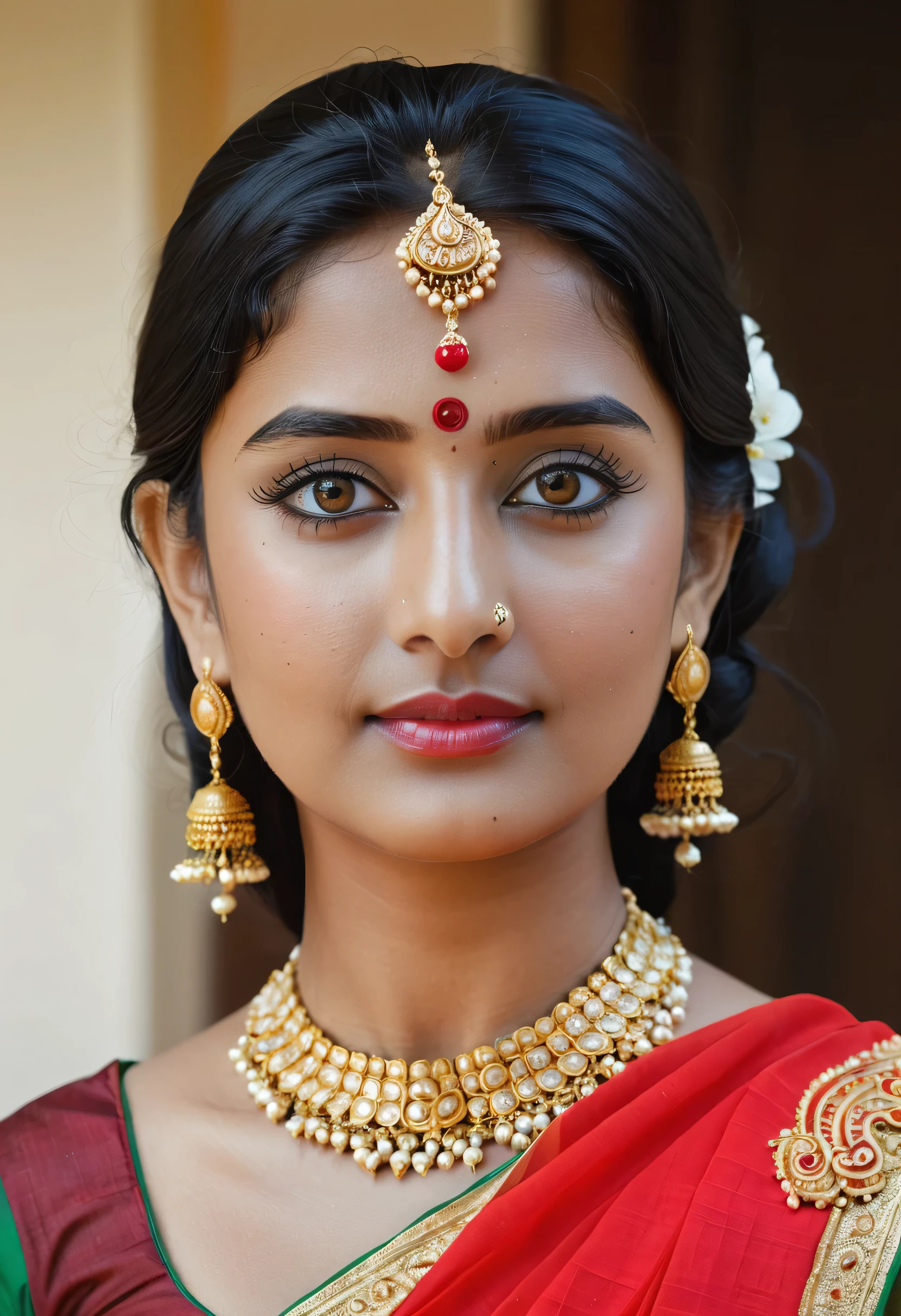 A 20 years old Indian lady in classic Indian Attire, wearing a vibrant red saree with intricate golden embroidery, adorned with traditional jewelry including jhumka earrings and a tikka on her forehead, her long black hair styled into an elegant bun with jasmine flowers, her eyes reflecting confidence and grace, Photography, DSLR camera with a 50mm prime lens, capturing the details in natural light,