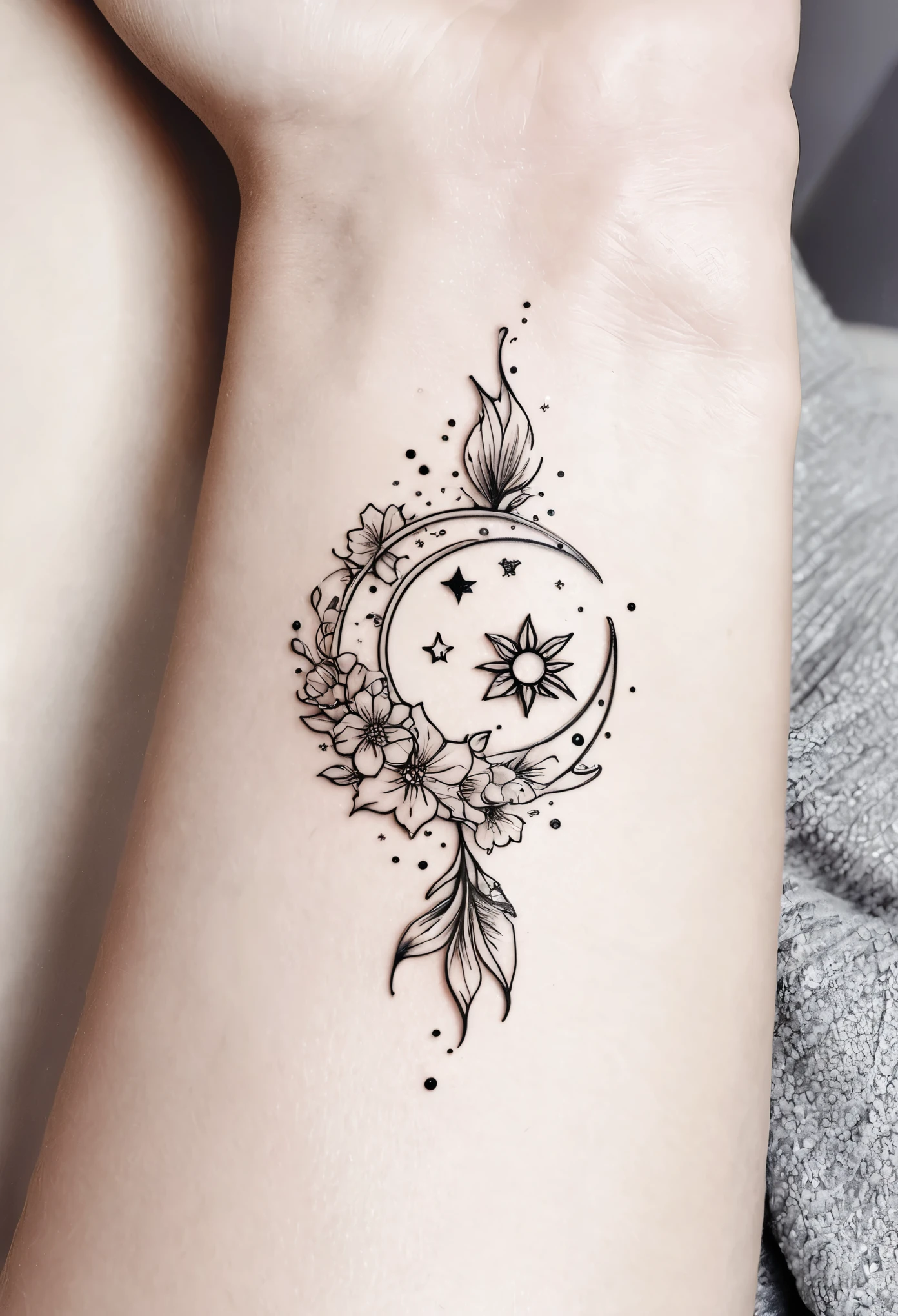 Créer deux dessin de tatouages complémentaires pour deux meilleures amies. L'un avec une lune et l'autre un soleil. Ajouter des fleurs, jewelry and a reference to the astrological sign fish. Style one line ou dot