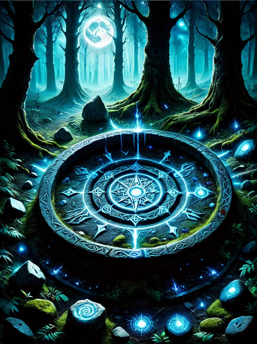 （dark fantasy），（super wide angle），In an ancient forest-surrounded wasteland, a super ancient stone magic circle predates recorded history. Comprised of numerous massive rocks, each bearing the marks of erosion, arranged in a perfect hexagram pointing to various constellations, as if connected to cosmic powers. At its center, the ground is etched with complex runes and mysterious patterns glowing faintly blue under moonlight, serving both as part of a summoning ritual and a container for ancient forces, with their power peaking at night. The surrounding forest seems to shy away, with trees' bent branches whispering warnings. As the stars align on a special night, the sky's energy resonates with the circle's runes, slowly opening a rift from which a creature with eyes like burning coals, made of darkness and fear, steps out, causing the earth to tremble with each step. This scene depicts a mysterious and dangerous moment where an ancient magic circle summons an evil entity under the watchful eyes of the ancient forest，(masterpiece，best quality，ultra high definition，Extremely detailed，illumination）