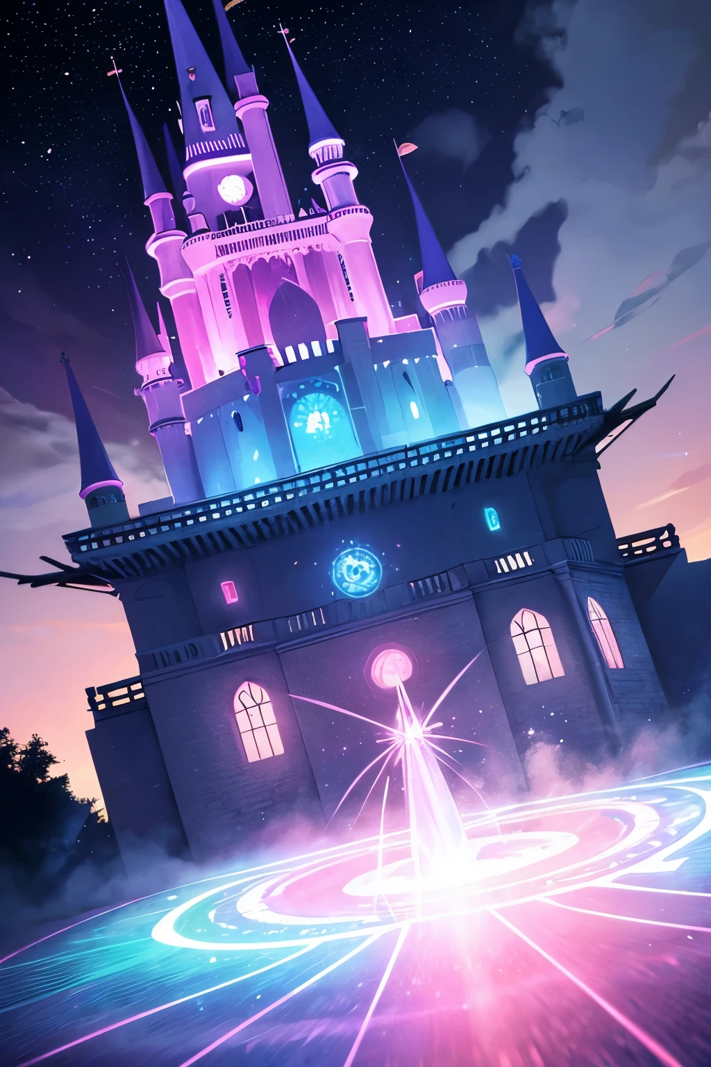 best quality, blue-white magic spells, colorful magic circle shining in hot pink and iridescent rainbow colors makes the castle float in the air
