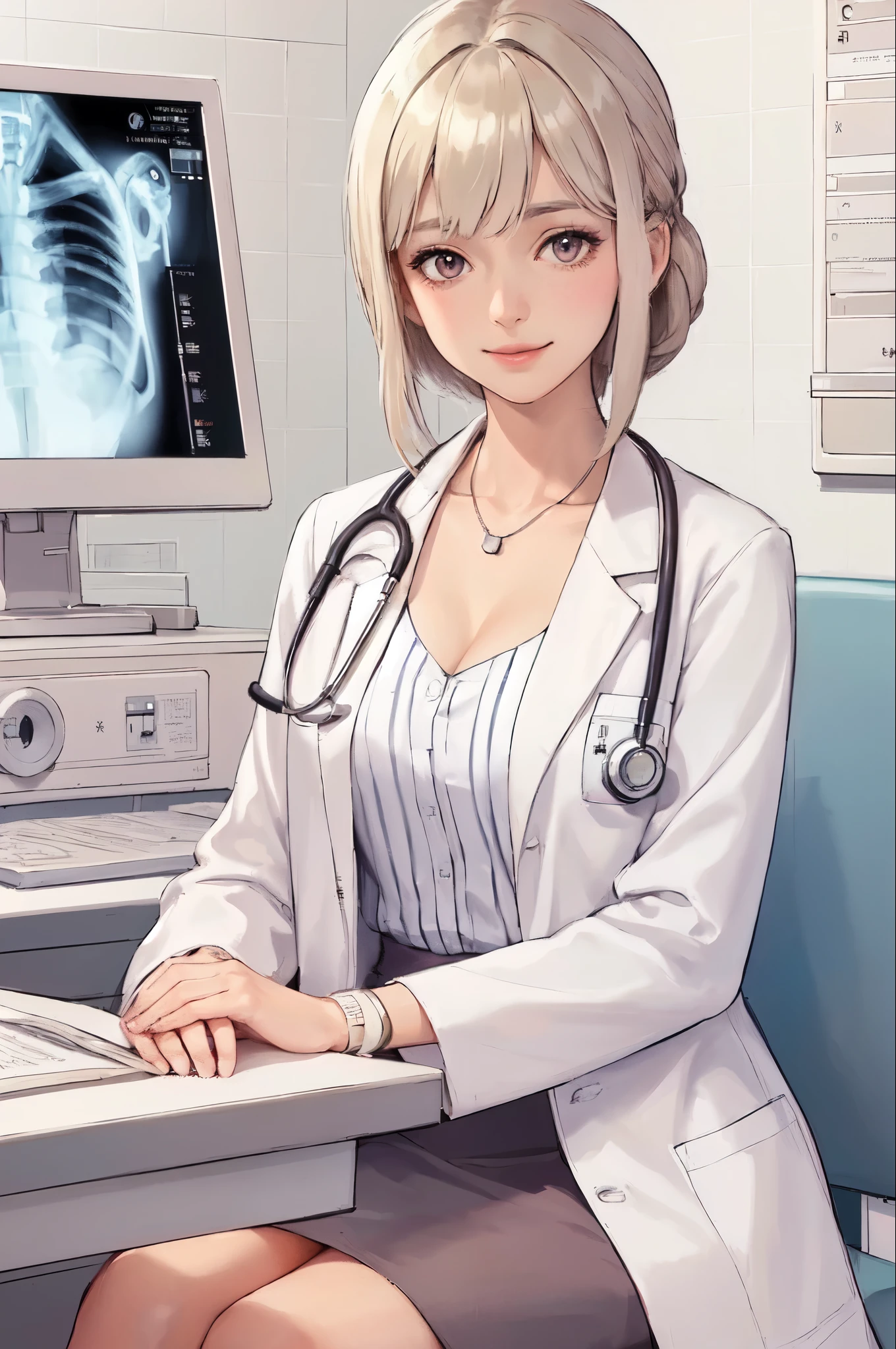 1lady solo, sitting, (looking at viewers), (white lab coat) stylish outfit, mature female, /(beige hair/) bangs, kind smile, (masterpiece best quality:1.2) delicate illustration ultra-detailed, large breasts, /(stethoscope around neck/) BREAK (hospital examination room) indoors, work desk, (x-ray photo), detailed background