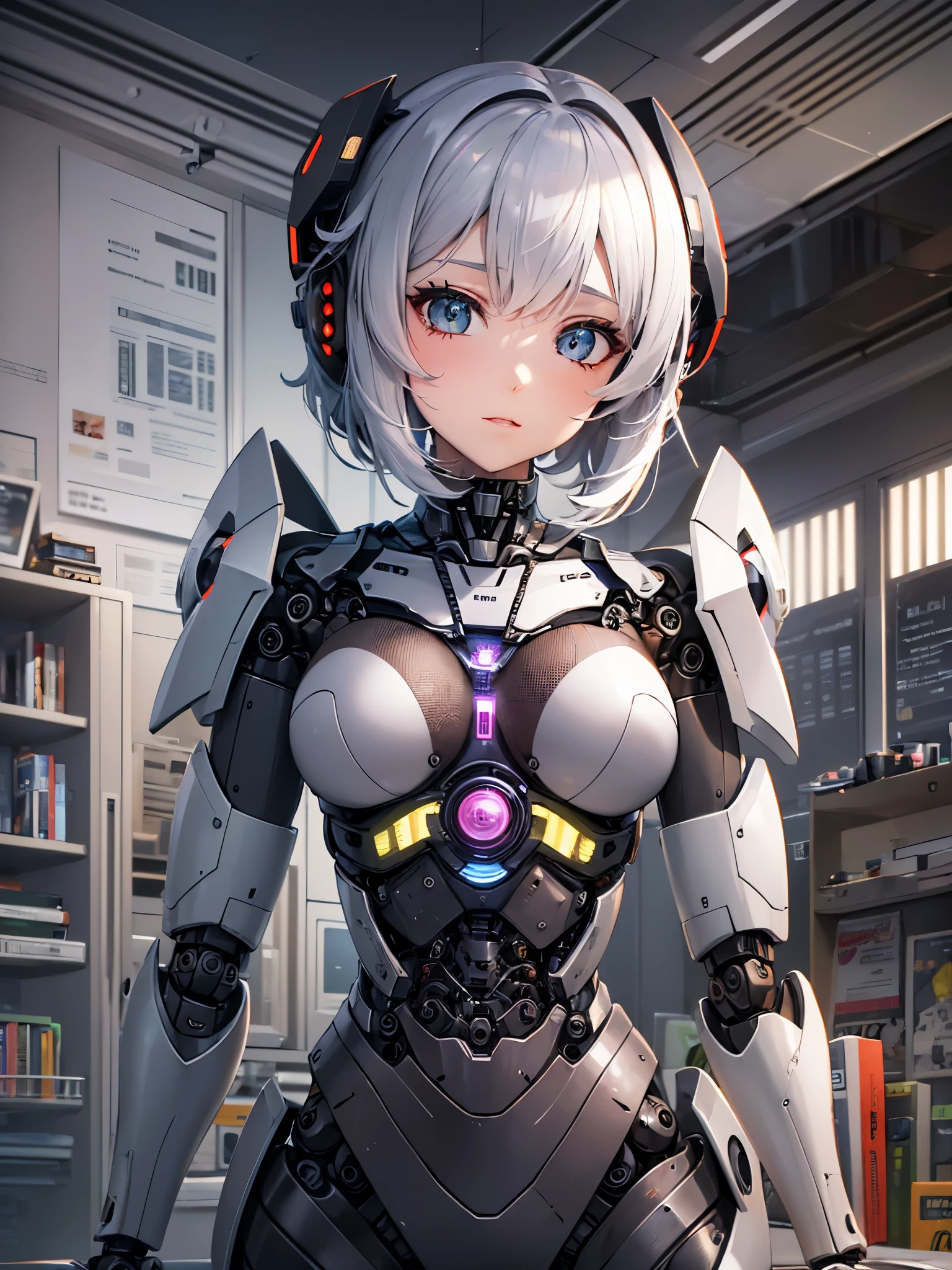 ((highest quality)),(ultra high resolution),(Super detailed),(detailed description),((best CG)),(best work of art),super precision art,amazing drawing art,(Sci-fi art with precise details:1.5), (female robot:1.6),(sharp mechanical face:1.5),,(Precise and detailed mechanical body:1.6,),clear parts:1.8,cylinder,cable connected to backpack,(destroyed body:1.5)