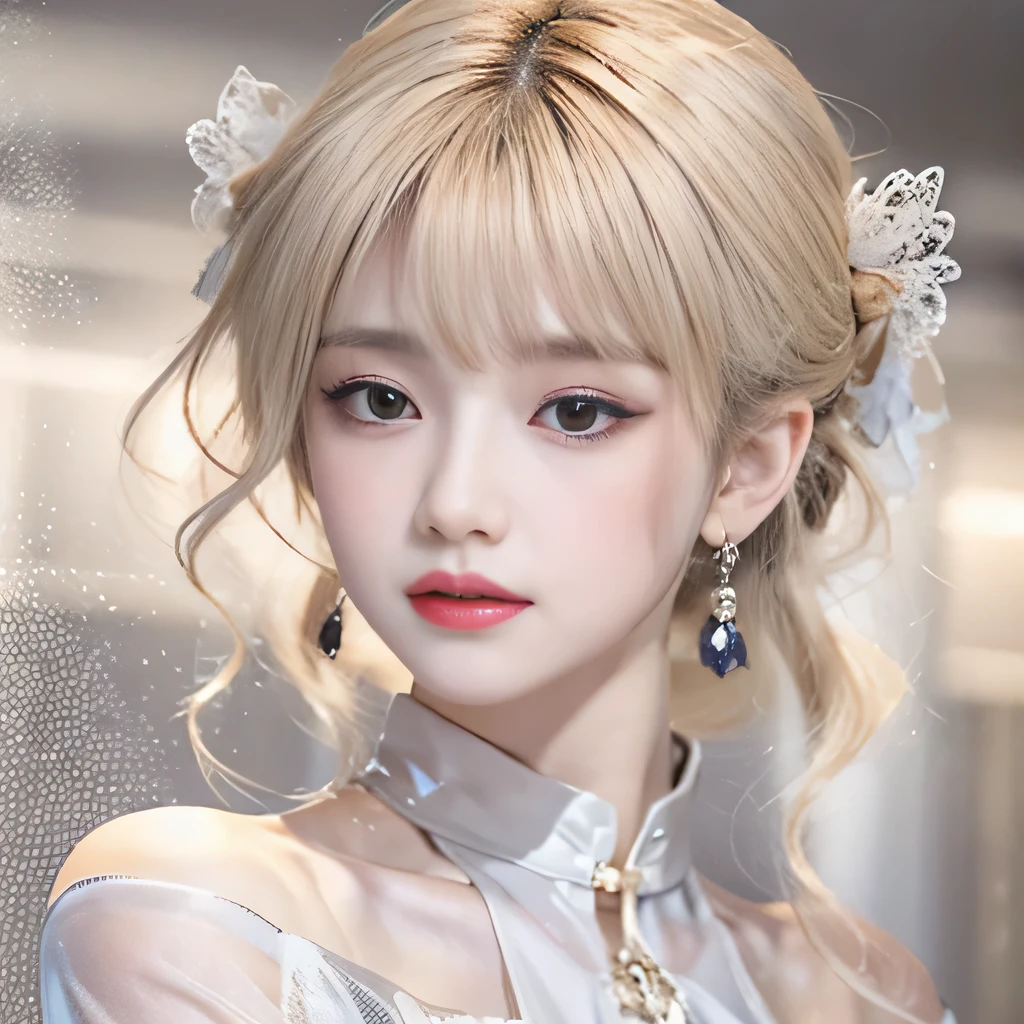 (8k)、(best image quality:1.5)、gray background、close up of face、1girl、masterpiece、delicate and sharp eyes、brown eyes、eye power、delicate face、cup、fascinating face、platinum blonde hair、Semi-long wave、cute clothes、White cheongsam dress that shows the collarbone、gal、Emphasis on the clavicle、earrings、necklace、