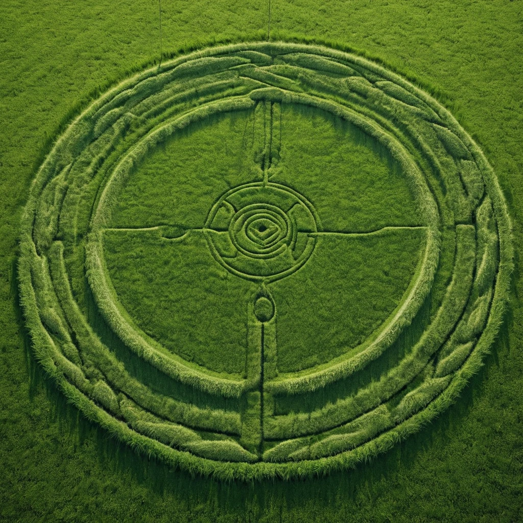 High Resolution, High Quality, Masterpiece. Shooting from a drone. Crop circles. Several ordinary circles are trampled on a green field of barley , hyper-detailed, 32k resolution, digital painting, ultra-fine details.