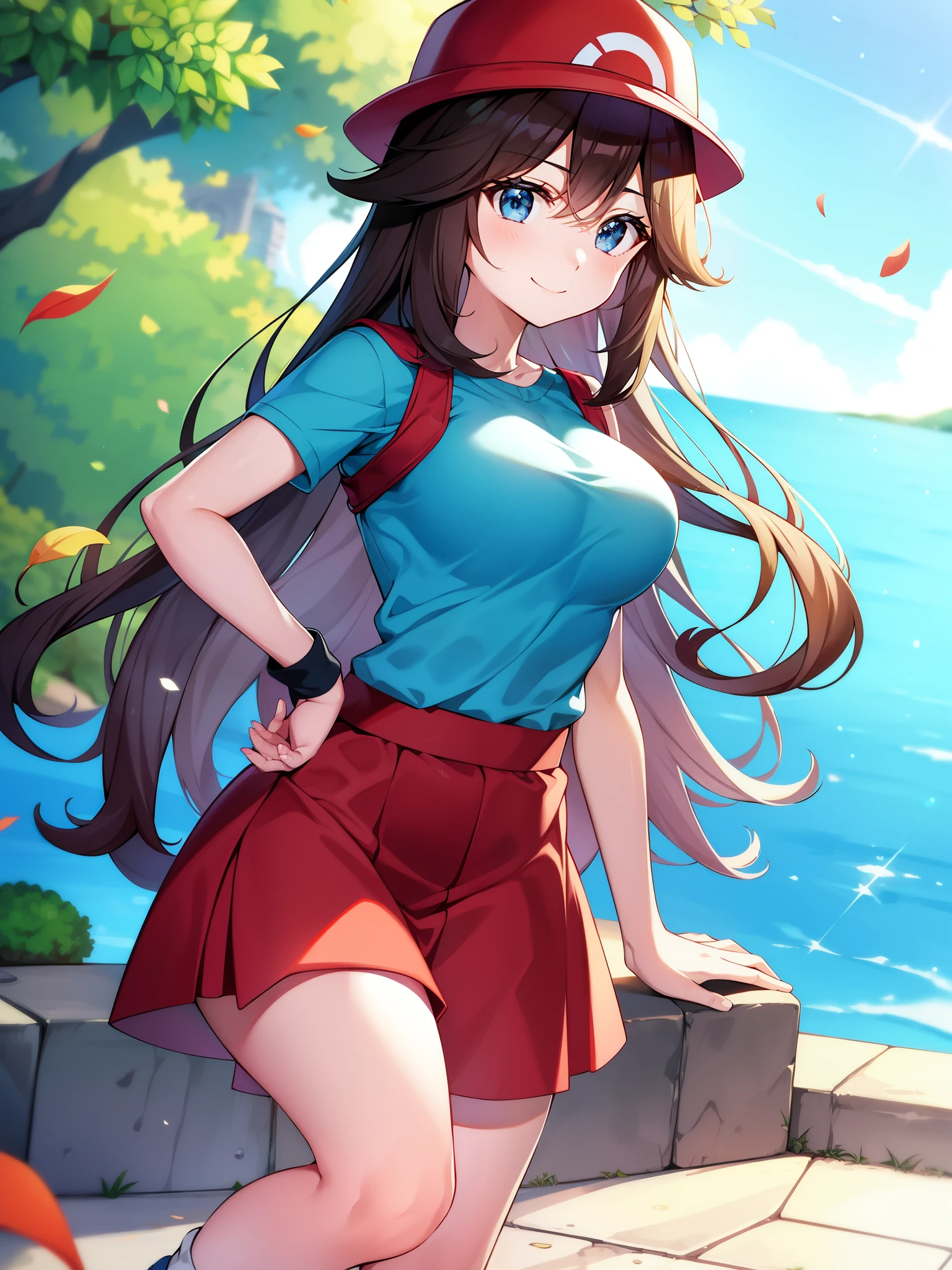 Pokémon、solo、1people、fire red leaf green、big tits milf、big tits milf、big tits milf、hat、long hair、blue shirt、No sleeve、Wristband、red skirt、loose socks、青いshoes下、shoes、white footwear、outdoor、Are standing、cowboy shot、smile、