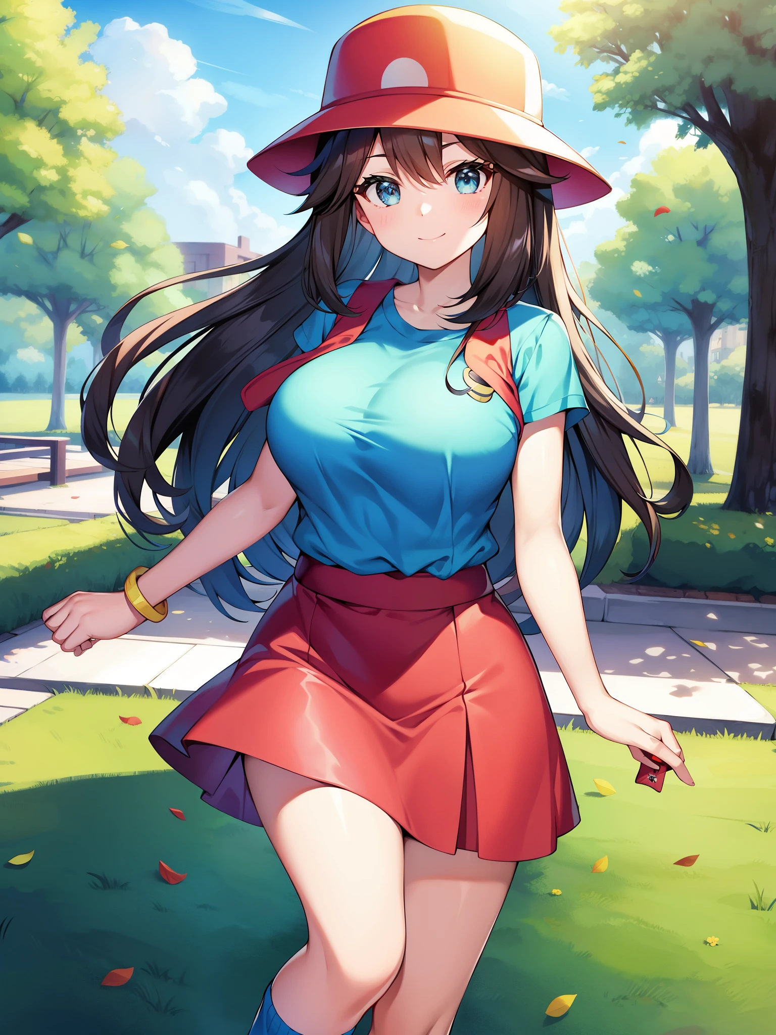 Pokémon、solo、１people、fire red leaf green、big tits milf、big tits milf、big tits milf、hat、long hair、blue shirt、No sleeve、Wristband、red skirt、loose socks、青いshoes下、shoes、white footwear、outdoor、Are standing、cowboy shot、smile、