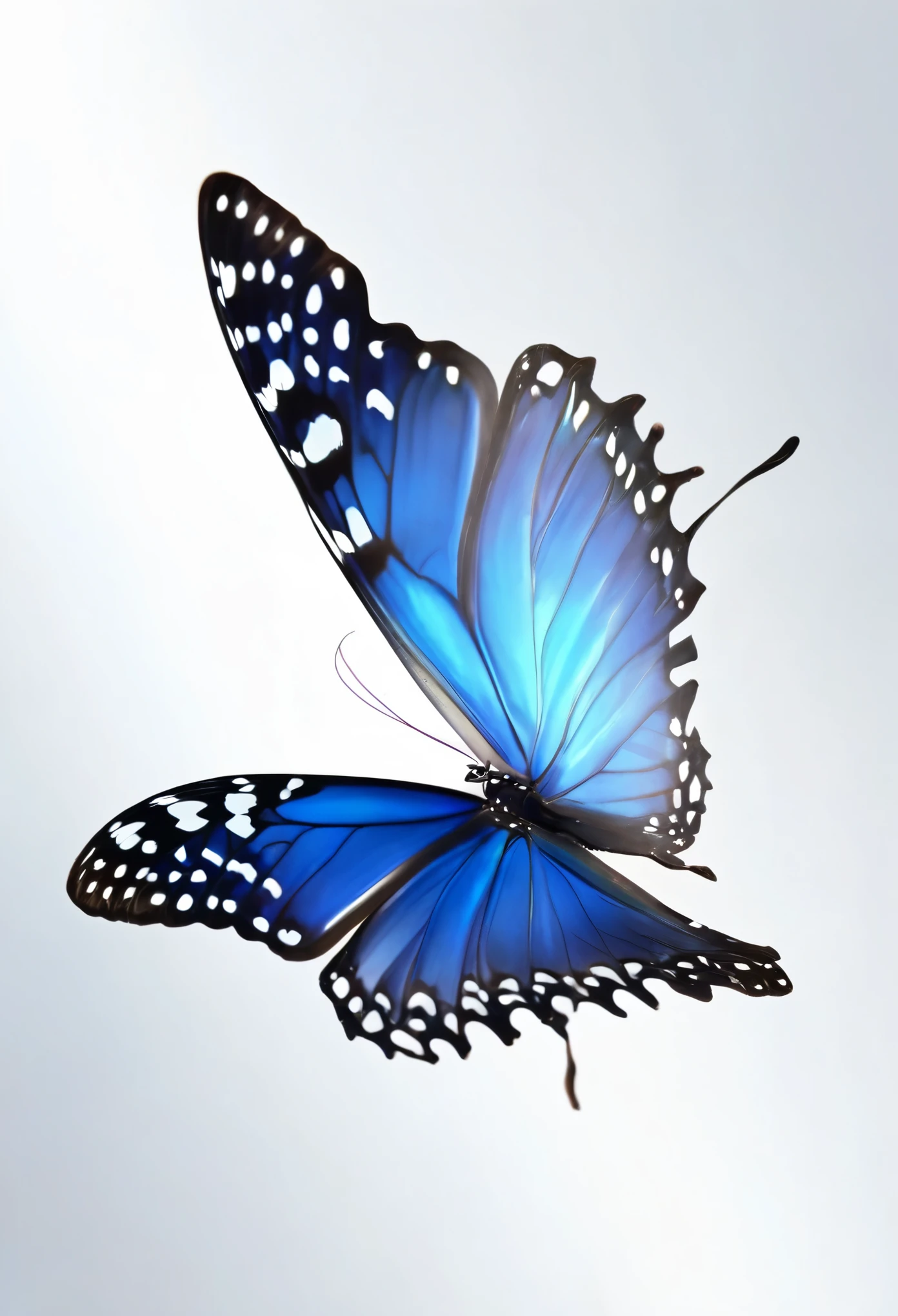 Pure white background,Just a huge dark blue butterfly,with slight flame.,It spreads its delicate wings,Beautiful and moving。insect,simple background