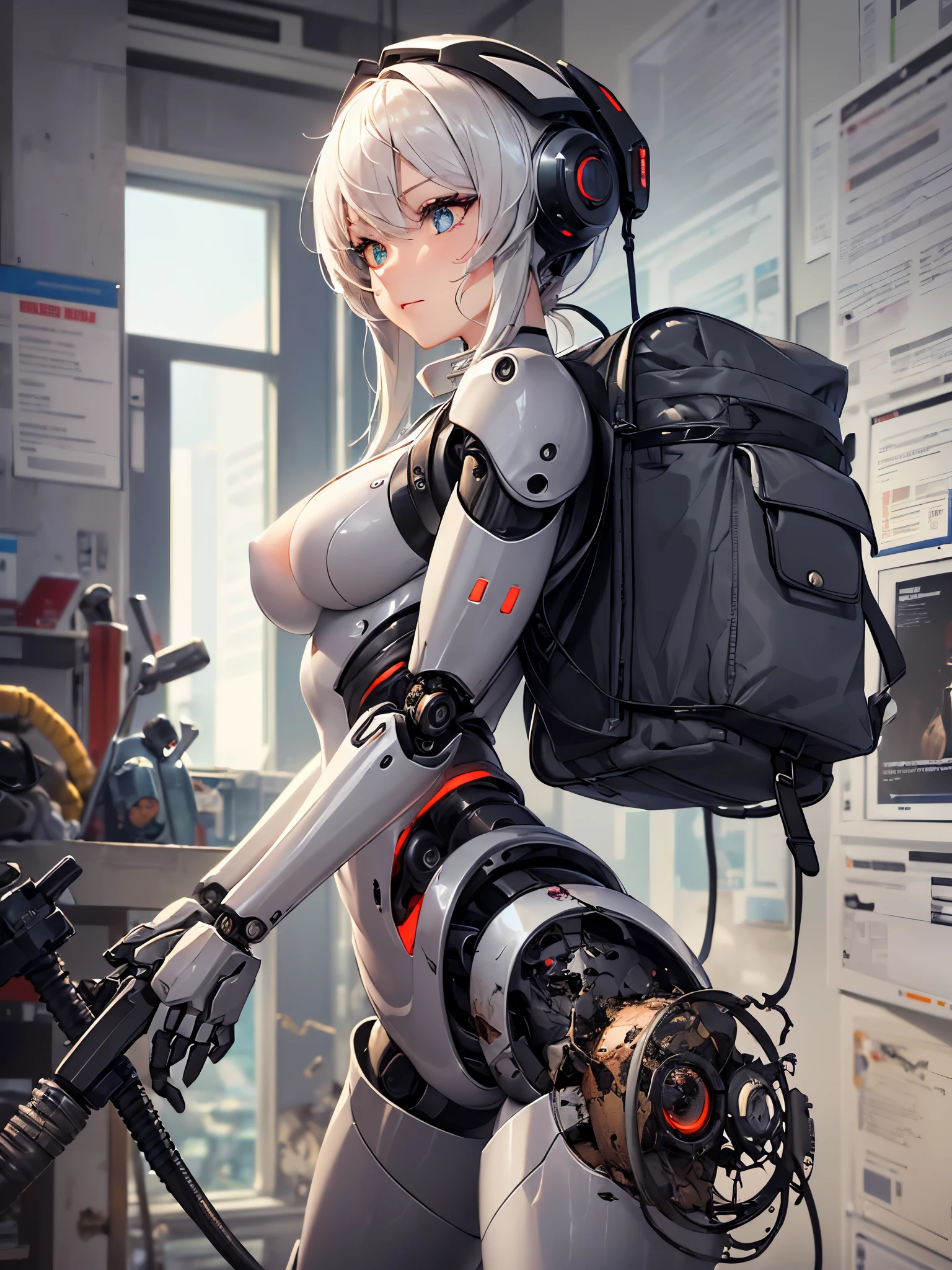 ((highest quality)),(ultra high resolution),(Super detailed),(detailed description),((best CG)),(best work of art),super precision art,amazing drawing art,(Sci-fi art with precise details:1.5), (female robot:1.6),(sharp mechanical face:1.5),,(Precise and detailed mechanical body:1.6,),clear parts:1.8,cylinder,cable connected to backpack,((destroyed body:1.7))