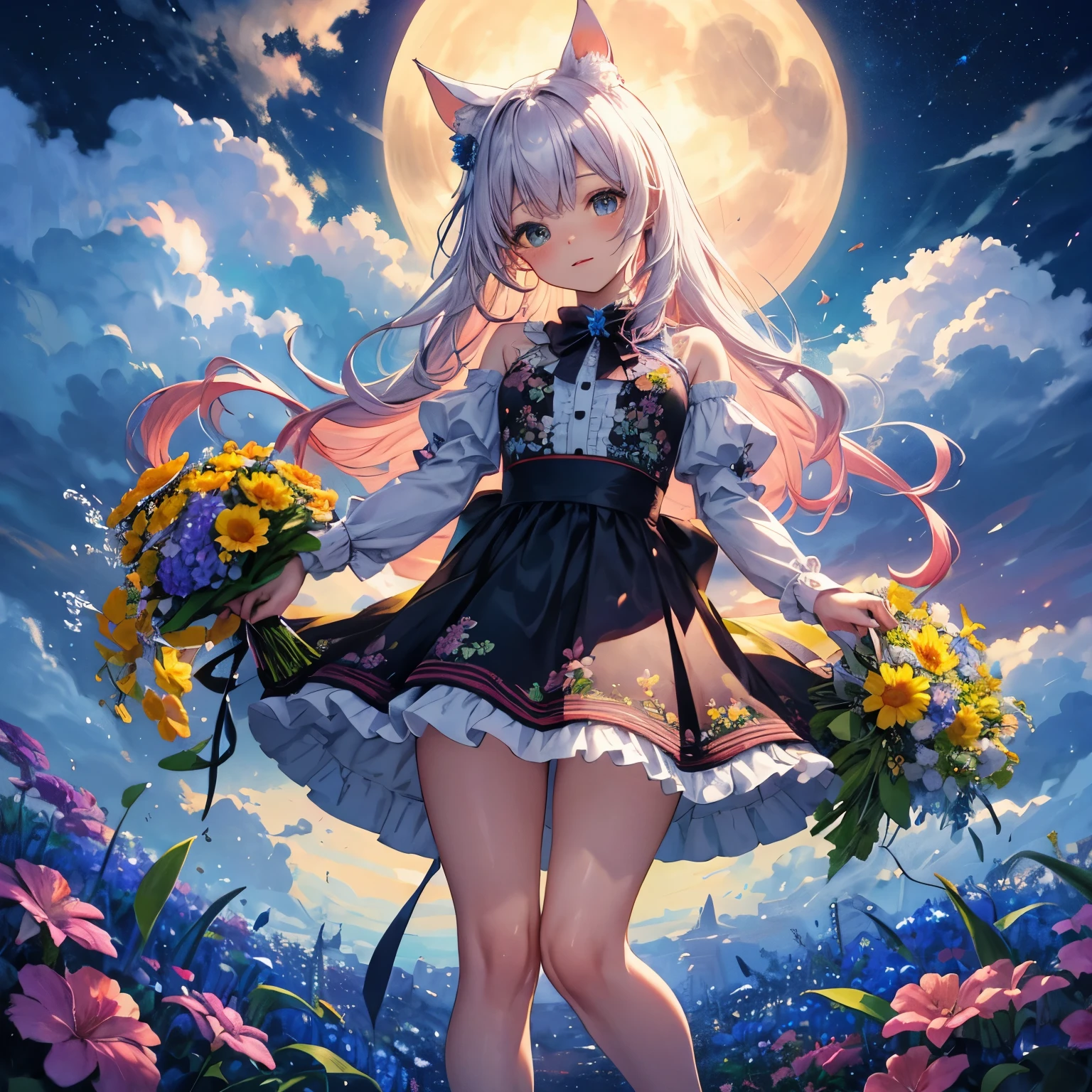 highest quality、flower garden、colorful、bouquet、cute kemomimi、moonlight
