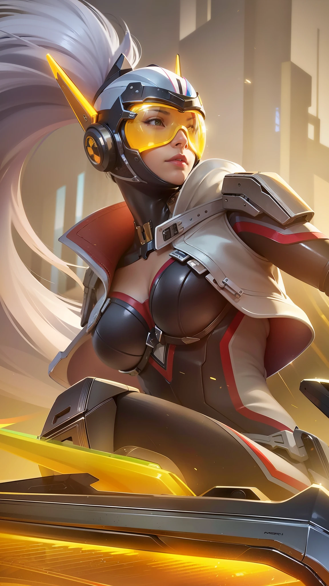 (8k, RAW photo, photorealistic:1.25) , lipgloss, best quality, ultra highres, depth of field, chromatic aberration, caustics, Broad lighting, natural shading, arafed image of a woman in a futuristic outfit riding a motorcycle