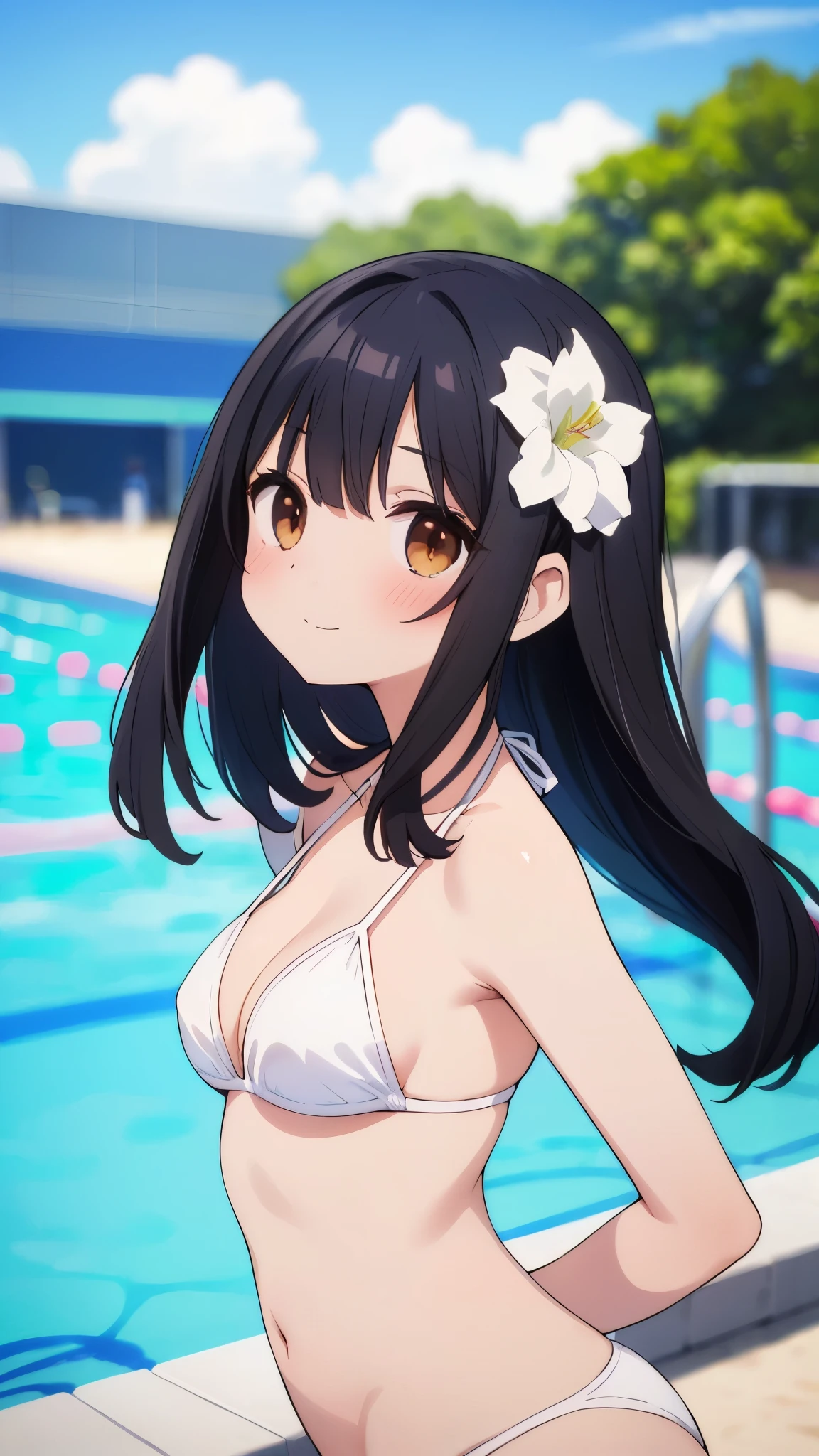 highest quality、masterpiece、(1 adult female:1.3)、(soft bust:1.2)、nature(big breasts)、cleavage、(up close:1.2)、hide your arms behind your back、(Simple white small bikini swimsuit:1.2)、(white highlight on pupil:1.2)、dark red-brown eyes、(black haired:1.2)、(look at the audience:1.2)、white skin、rough skin、(slight smile)、blush、(Blue summer sky:1.3)、(Avoid the background around the upper body:1.3)、(Blur the background to make the woman stand out:1.3)、(Beautiful background of beach pool:1.3)、(beautiful summer flowers)