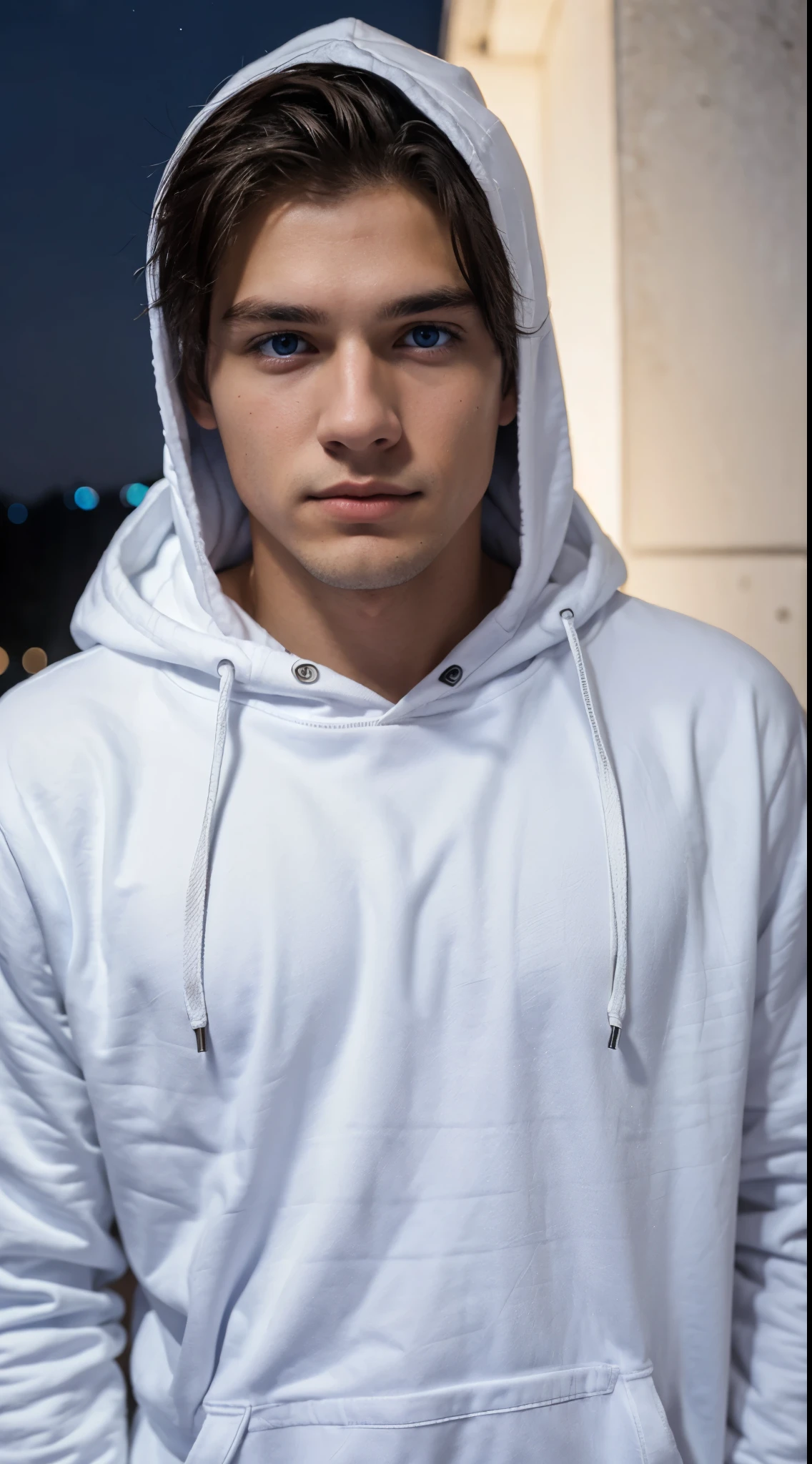 Young man, white Hoodie,blue eyes, night 