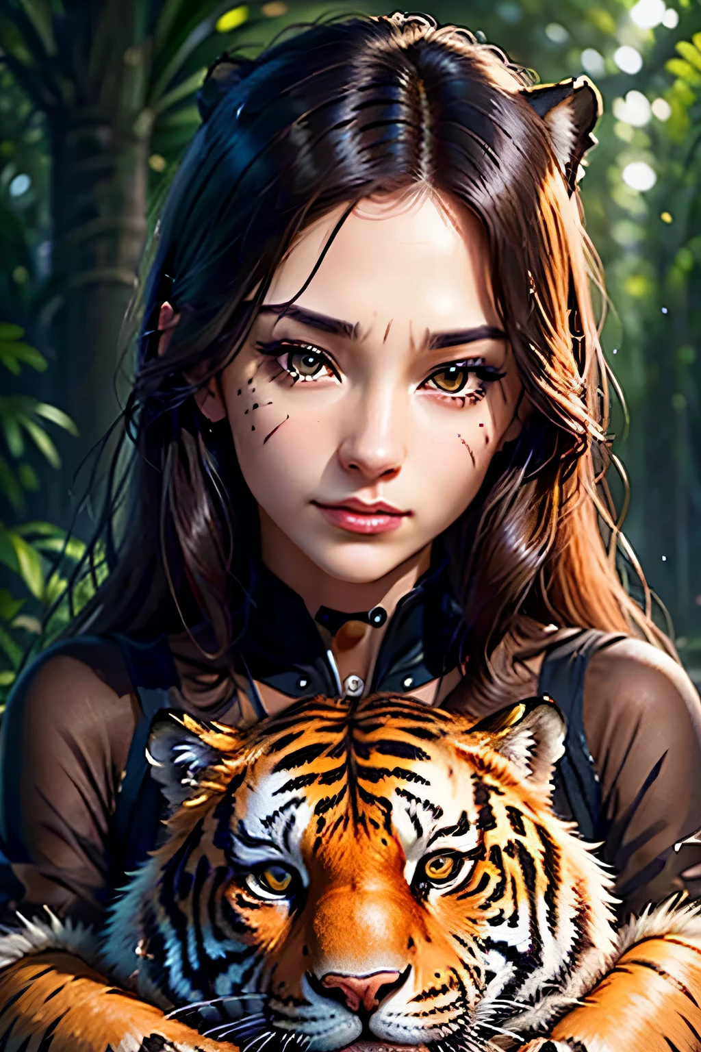 in the jungle、beautiful woman riding a tiger、masterpiece, 最high quality, high quality, High resolution