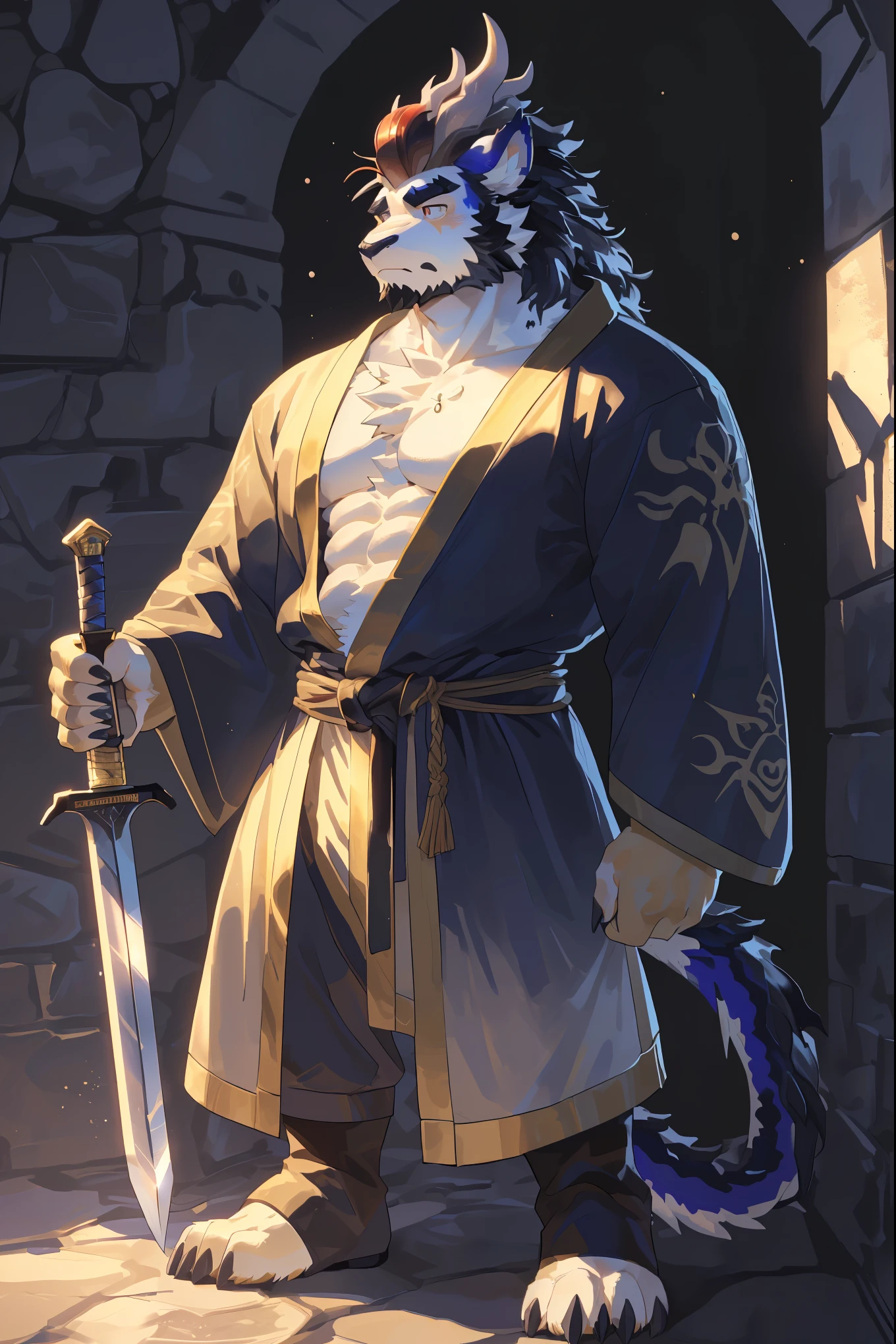 (Kirin:1.5),(Gorgeous silver battle armor robe:1.5),16k high quality detailed art,(Kirin:1.1), (((white fur:1.8))),(gold white two tone),(Gold and blue different color eyes:1.2),(muscular body:1.2),Handsome,(OK),(perfect face),(Serious majesty:1.1),(golden and white skin:1.6),(monster dungeon background),(Half body特写:1.5),Publaz, (Kirin:1.1), (((white fur:1.8))),Handsome, (OK),Express,(monster dungeon background),(Painful eyes:1.3),(Kirin tail),不同的Express,(perfect masterpiece),(16k),(abdominal muscles:1.3),(((middle aged:1.4))),(36 years old),alone,(Golden sideburns:1.5),(Golden-bearded:1.3),(black chin:1.3),(black and white face:1),(Very rich facial details:1.3),(Strong),(Half body),(front view),(cg),(HD),(Facing the dungeon:1.4),(serious expression:1.6),(White lines:1.4),(scales:1.3),(white ears:1.4),(holding sword in hand:1.6),(confidence:1.4),(Mighty pose)