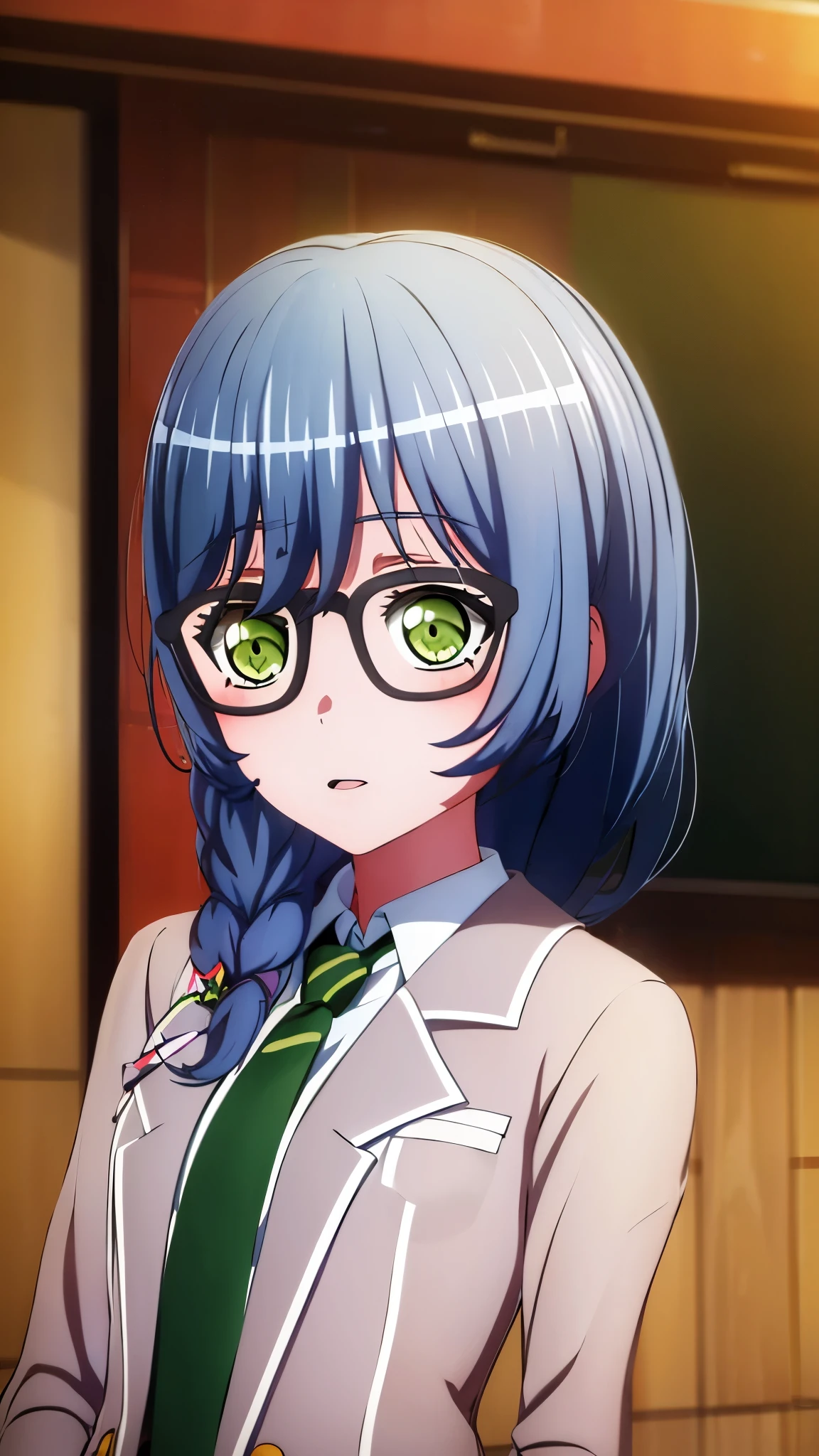 ((masterpiece, best quality, high quality)) , Asahi Rokka, wear school uniform, detailed face, detailed eyes, 1girl, solo, (asahi rokka, blue hair, green eyes), glasses, hair ornament, tied hair, classroom, upper body 