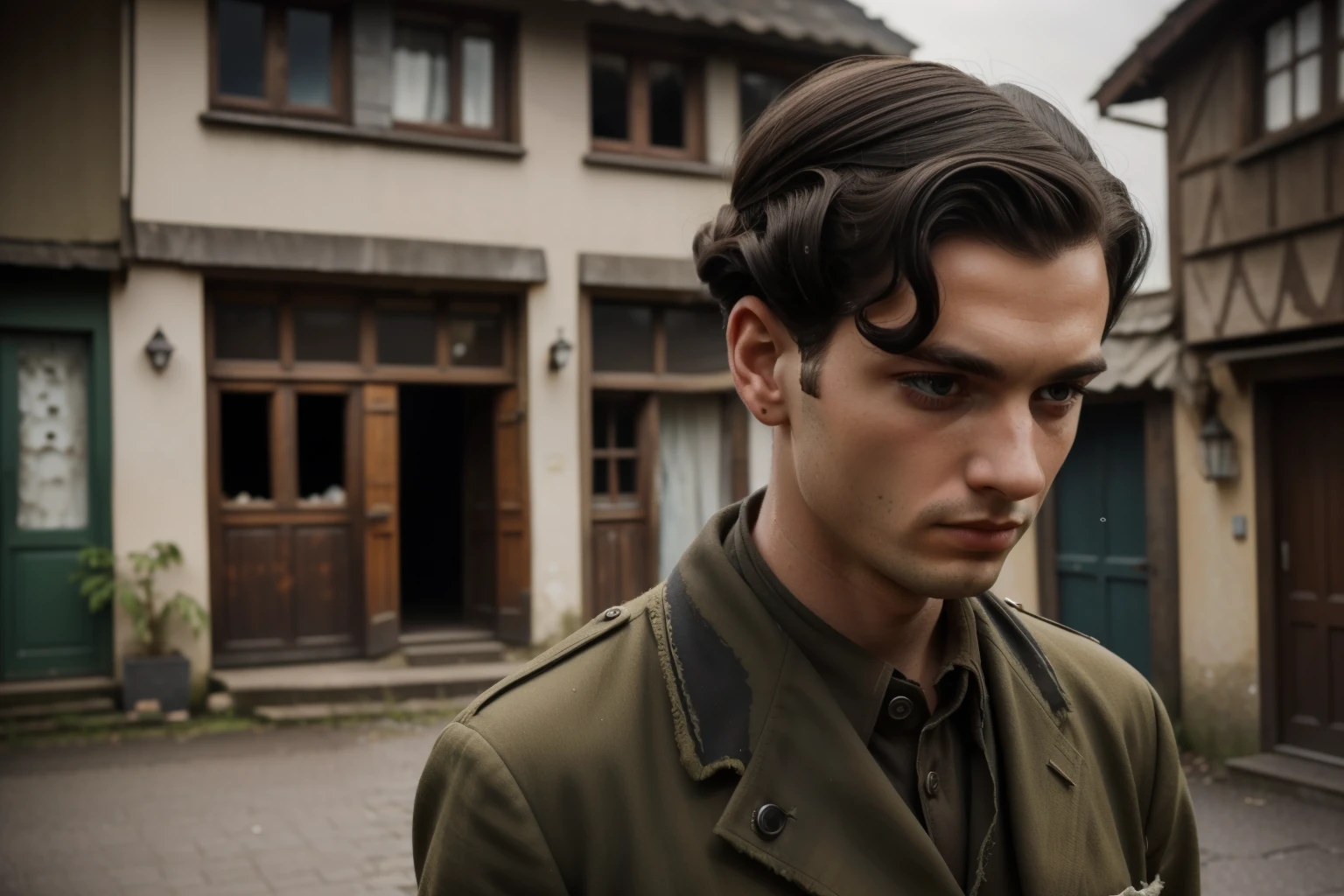 Molching, Germany, 1943. ((((27-year-old)) Max Vandenburg)), swampy eyes, thin, jew, cunning, crafty, sharp features, week, unkempt, standing in the village street, staring with ((devastated sorrow grief expression)). ((((raggedy clothings from the 1940s)))), ((dark hairstyle of the 1940s))