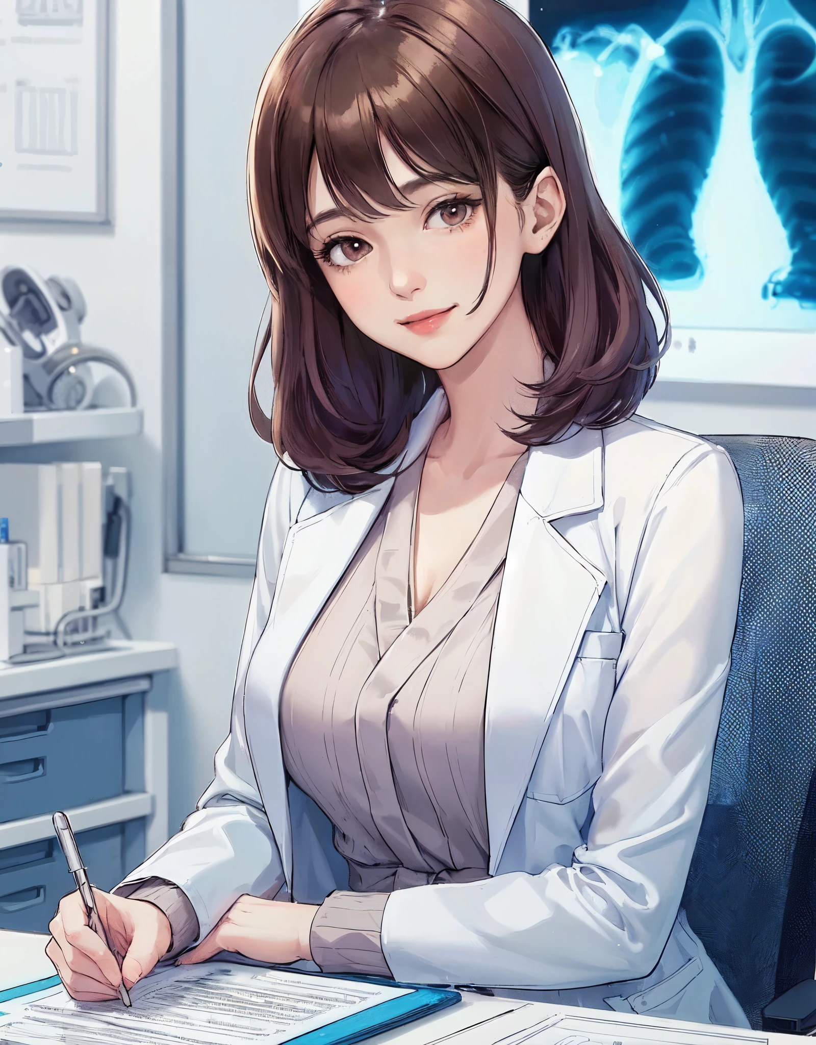 1lady solo, sitting, (looking at viewers), (white lab coat) stylish outfit, mature female, /(dark brown hair/) bangs, kind smile, (masterpiece best quality:1.2) delicate illustration ultra-detailed, large breasts BREAK (hospital examination room) indoors, work desk, (x-ray photo), detailed background